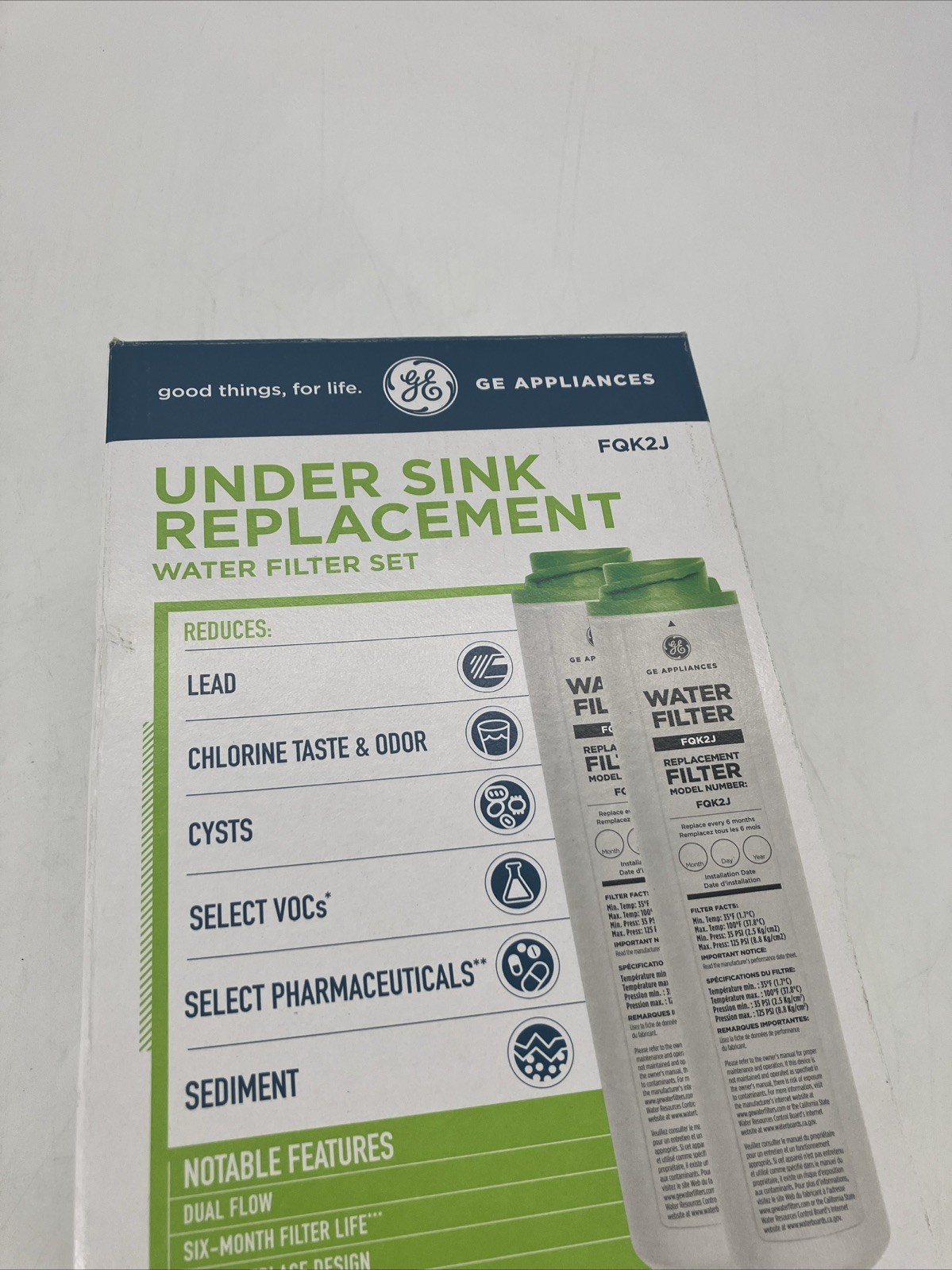 GE FQK2J Under Sink Replacement Water Filter Set 2-Pack Dual Flow Advanced Kit