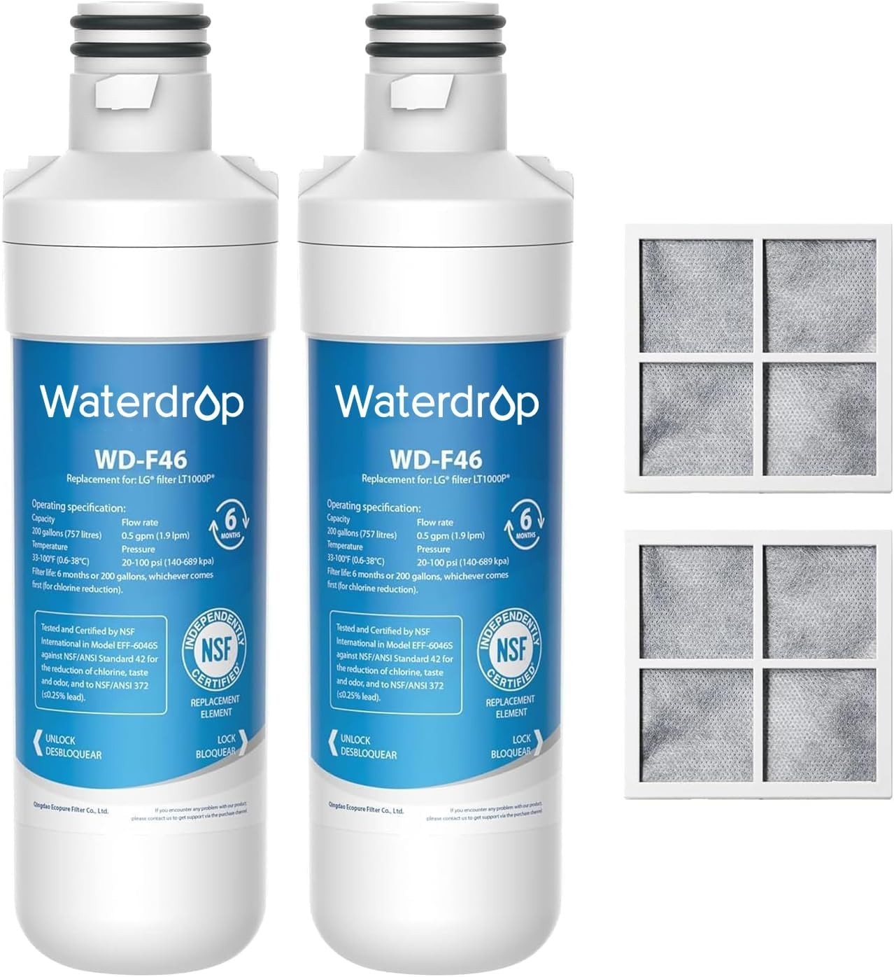 Waterdrop Refrigerator Water Filter Air Filter Replacement for LG® LT1000P®, (2)