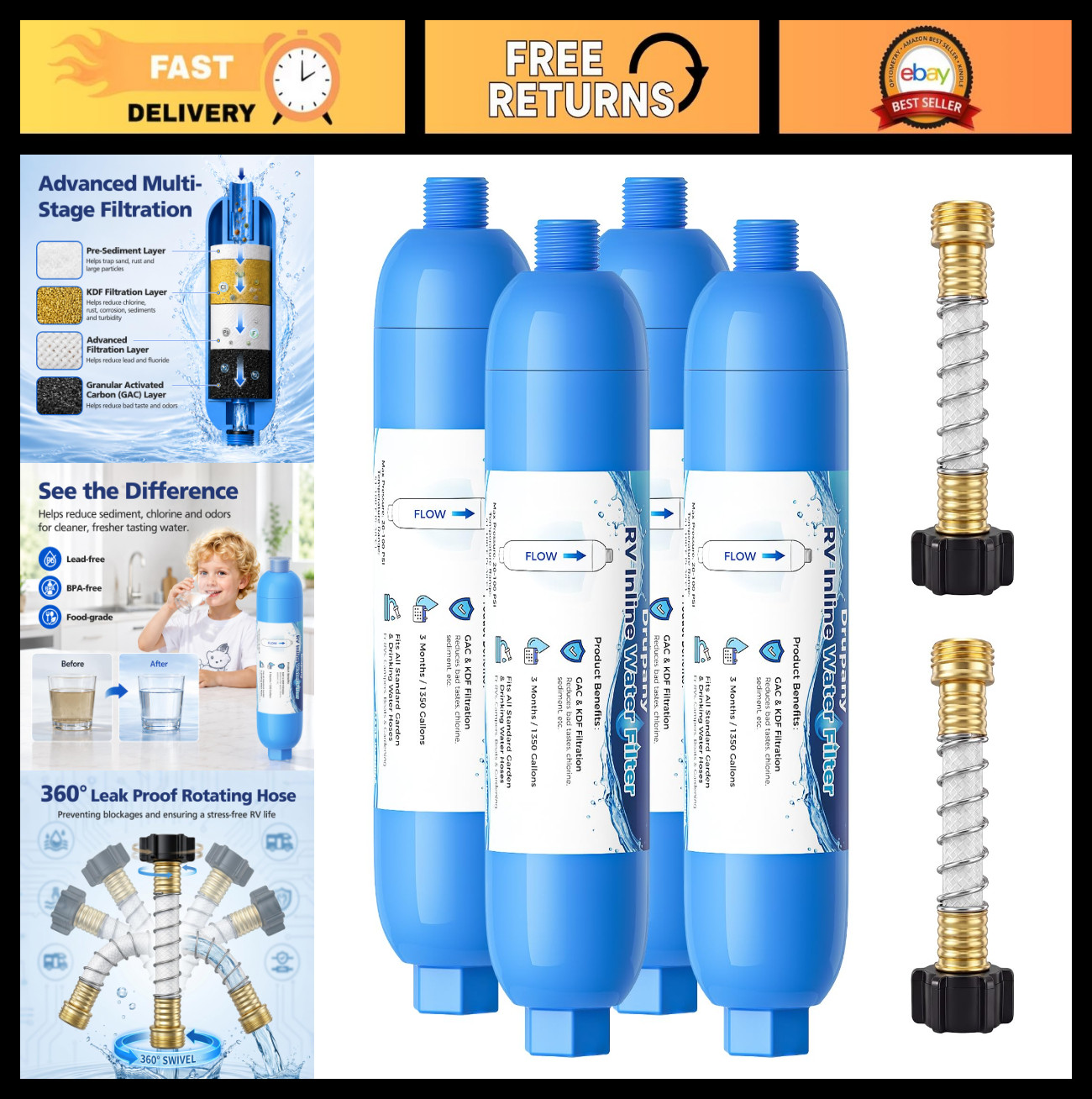 4 Pack RV Inline Water Filter System | Flexible Hose Protector for Campers & Boa