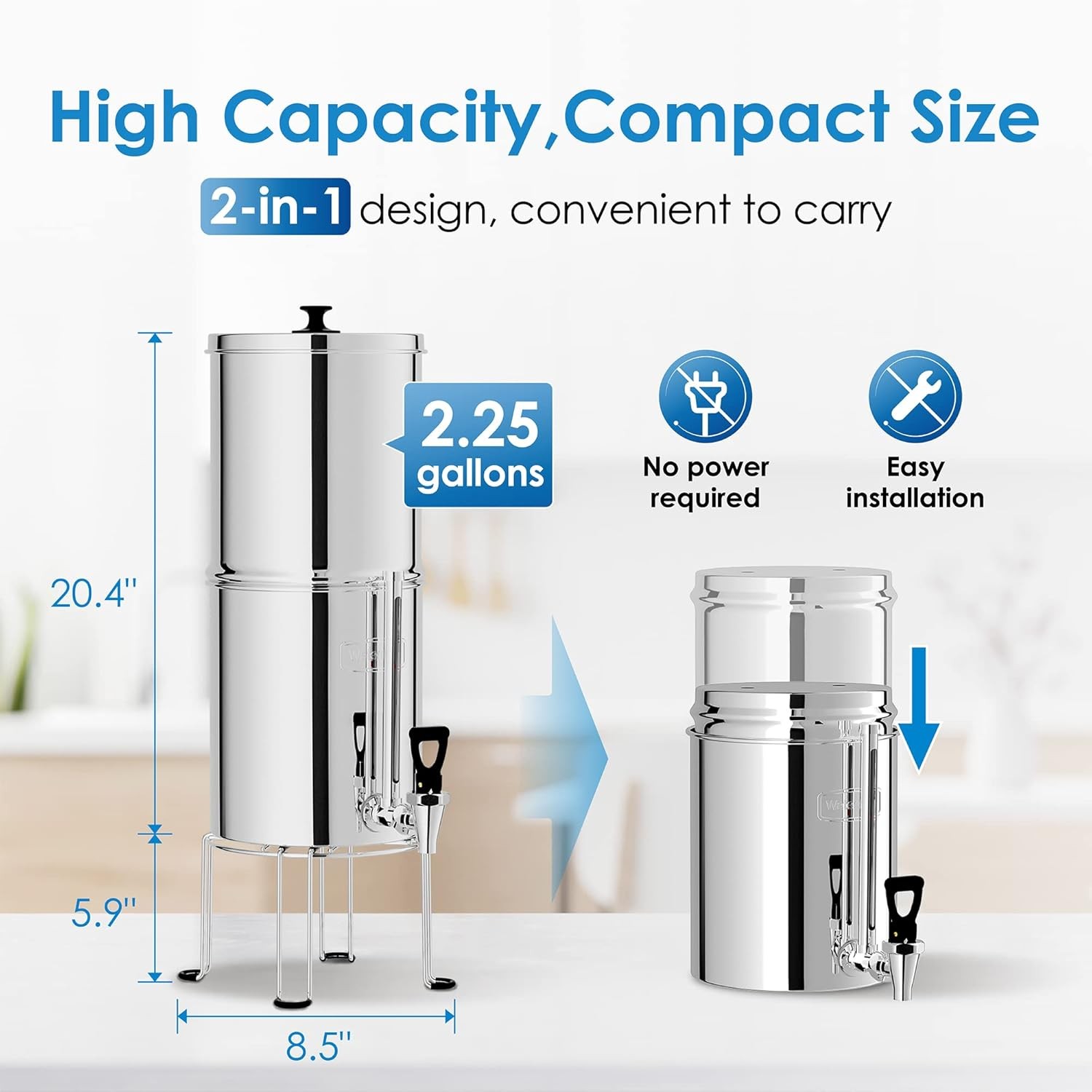 Waterdrop WD-TK-FS Gravity-fed 2.25-Gallon Stainless-Steel System,with 4 Filters
