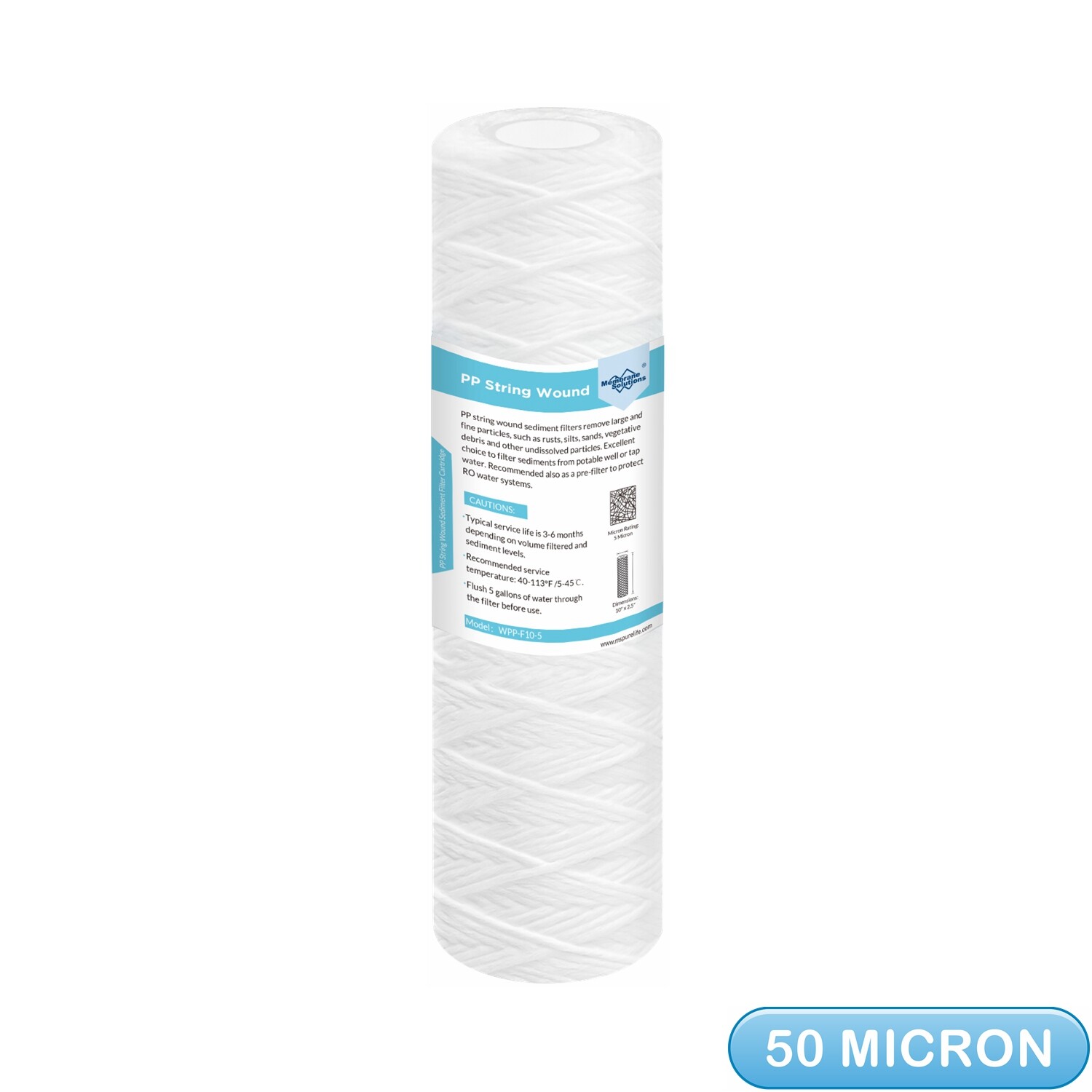 50 Micron 10″ x 2.5″ Whole House String Wound Sediment Water Filter Replacement