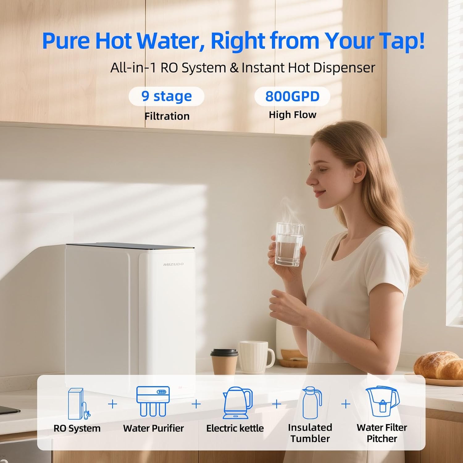 Used- 800GPD Reverse Osmosis System Instant Hot Water Dispenser 10-Stages 2-in-1
