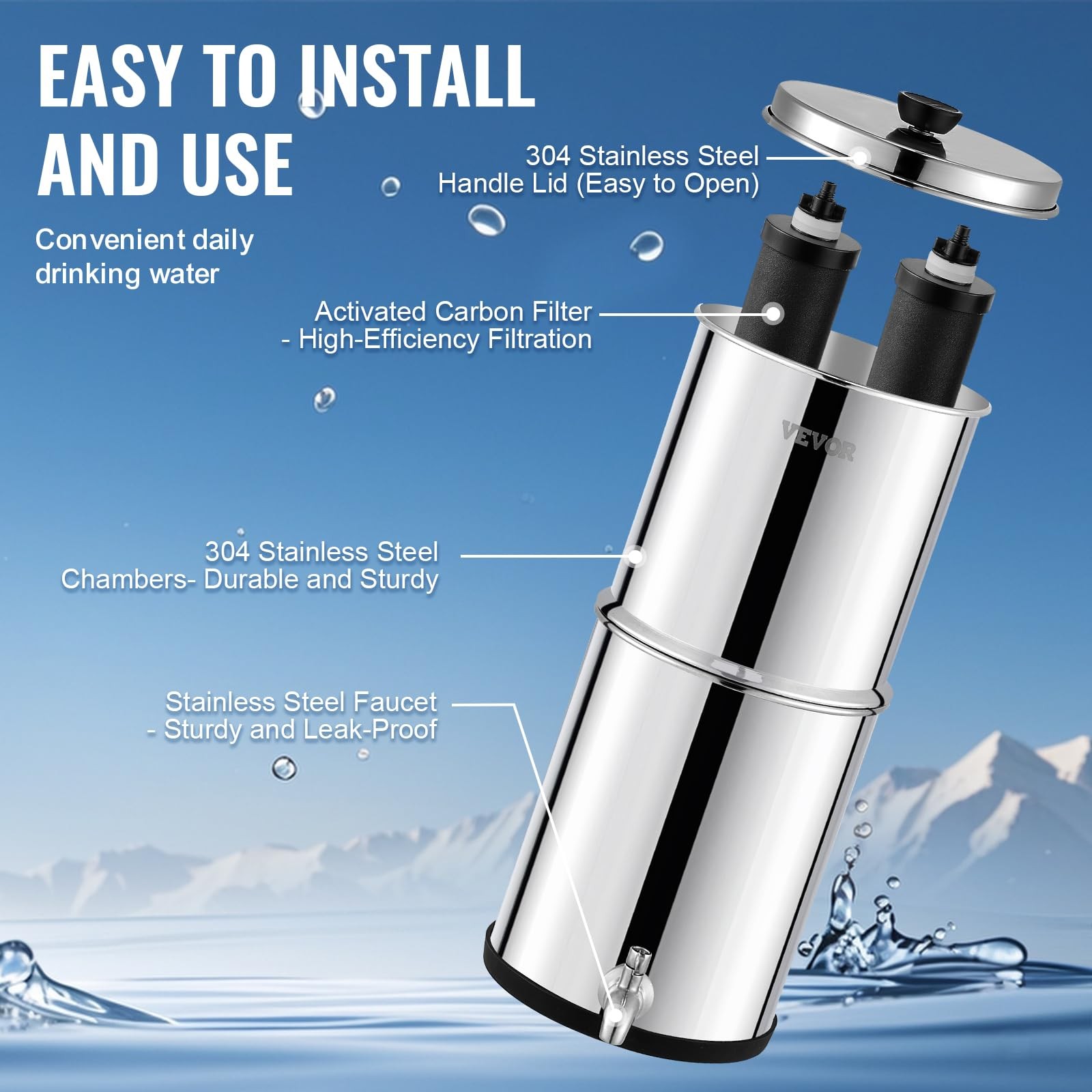 Gravity Water Filter System 2.25 Gallon Stainless Steel Countertop Reduces Lead