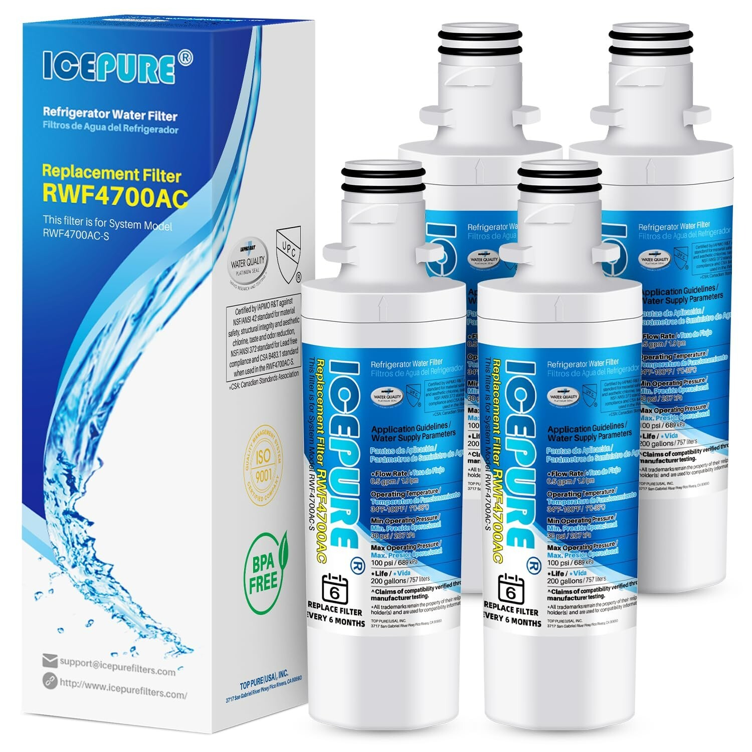 RWF4700AC Water Filter Fit for LT1000P, ADQ747935, LMXS28626D, LT1000PC 4PACK