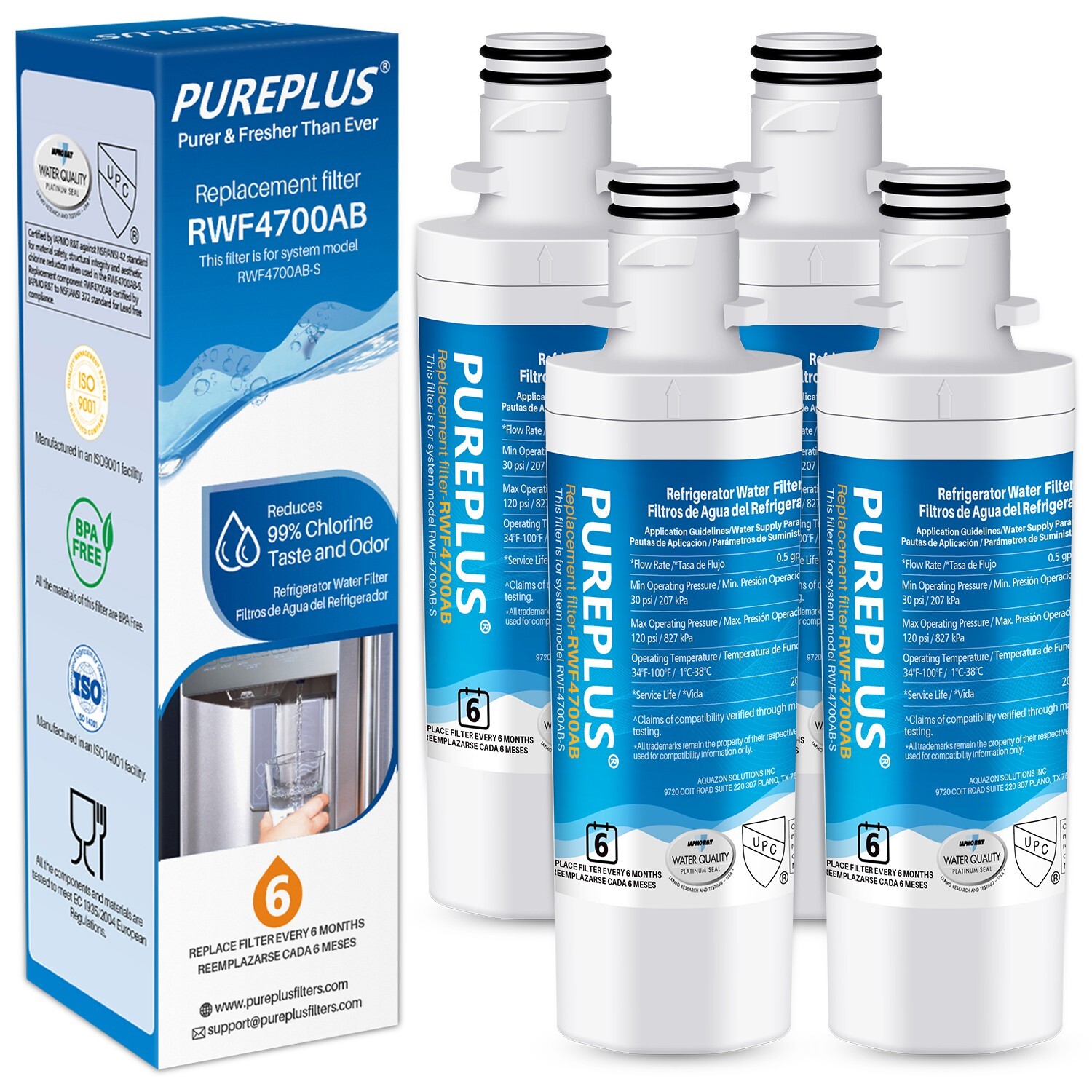 4 PACK Fit For LG LFXS26973S 46-9980 LFXS26973D LMXS28596D Water Filter Pureplus