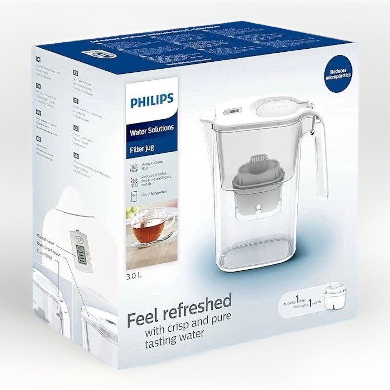Philips 3.0L Filter Jug, Microplastics Removal, Clear White Plastic, Household