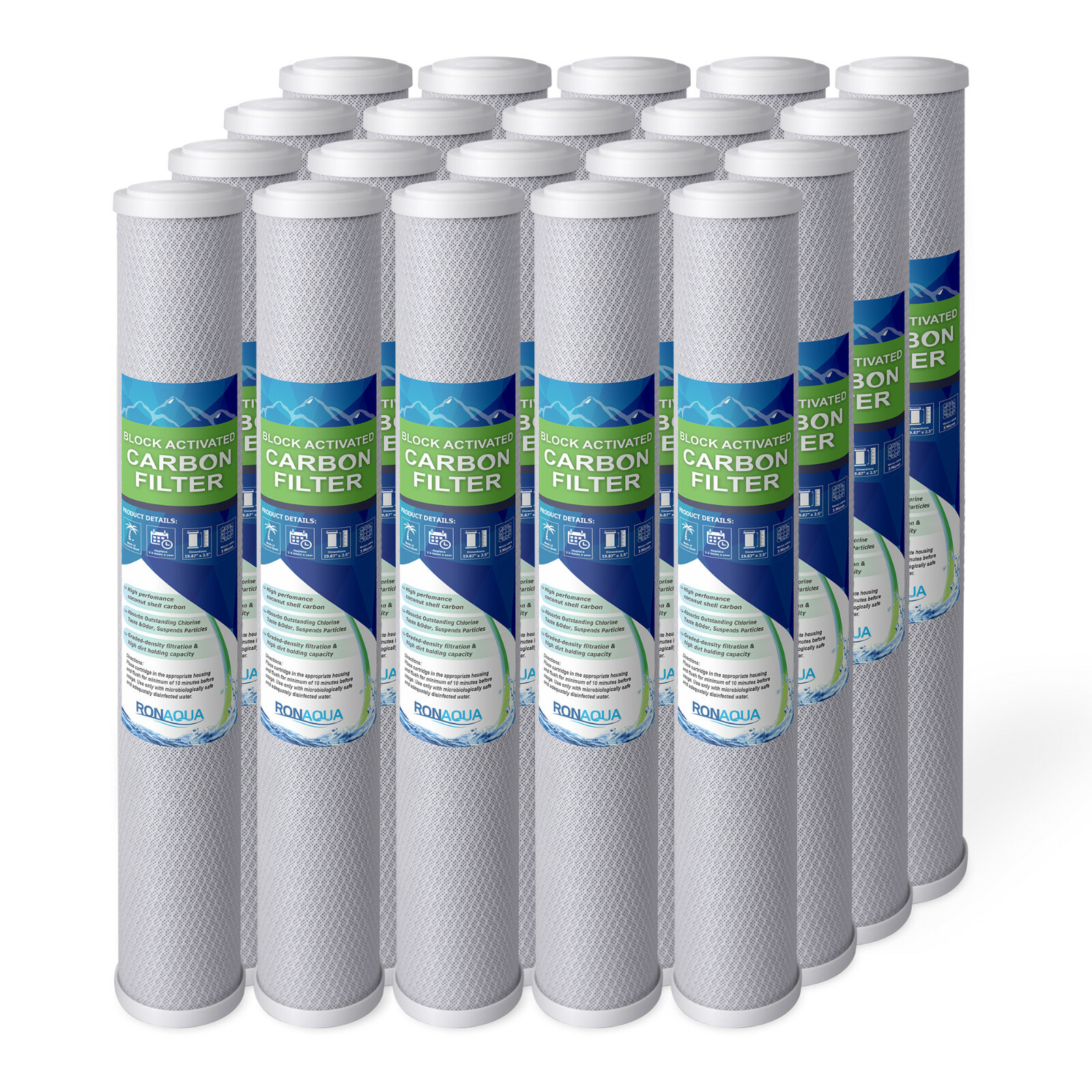 20″ x 2.5″ Block Carbon Water Filter 5 Micron Whole House Cartridges Set of 20