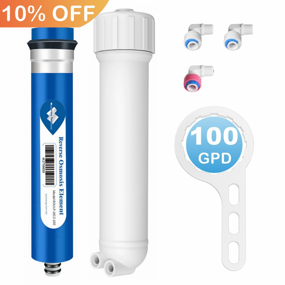 100 GPD RO Membrane Reverse Osmosis System Water Filter Housing+Fittings+Wrench