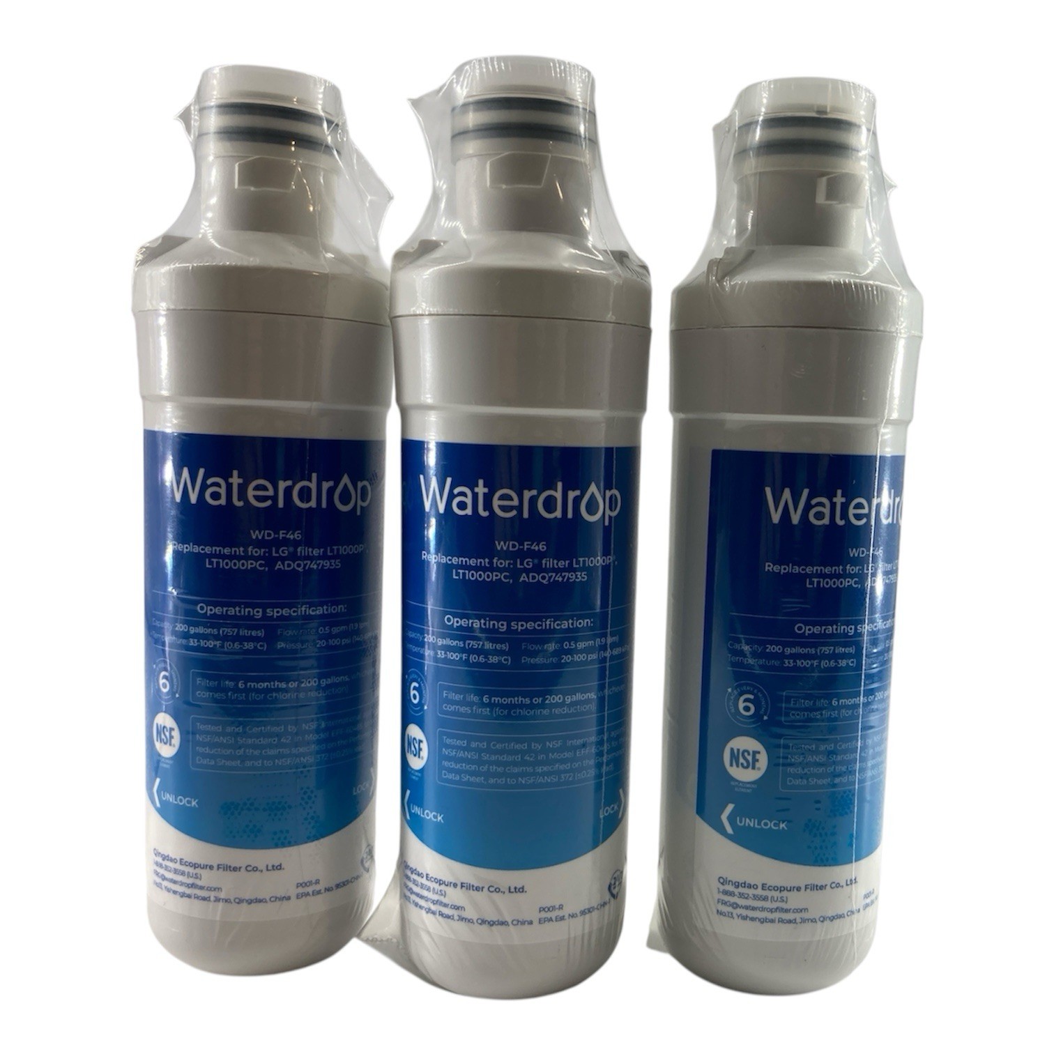 3 pk Waterdrop Water Filters WD-F46 Replacement For LG LT1000P/PC ADQ747935