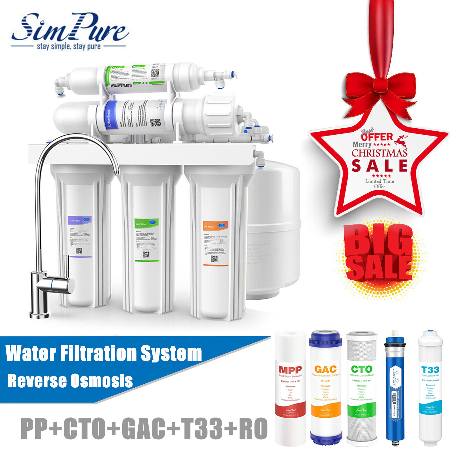 5 Stage Undersink Reverse Osmosis Water Filtration System 75 GPD Membrane Filter
