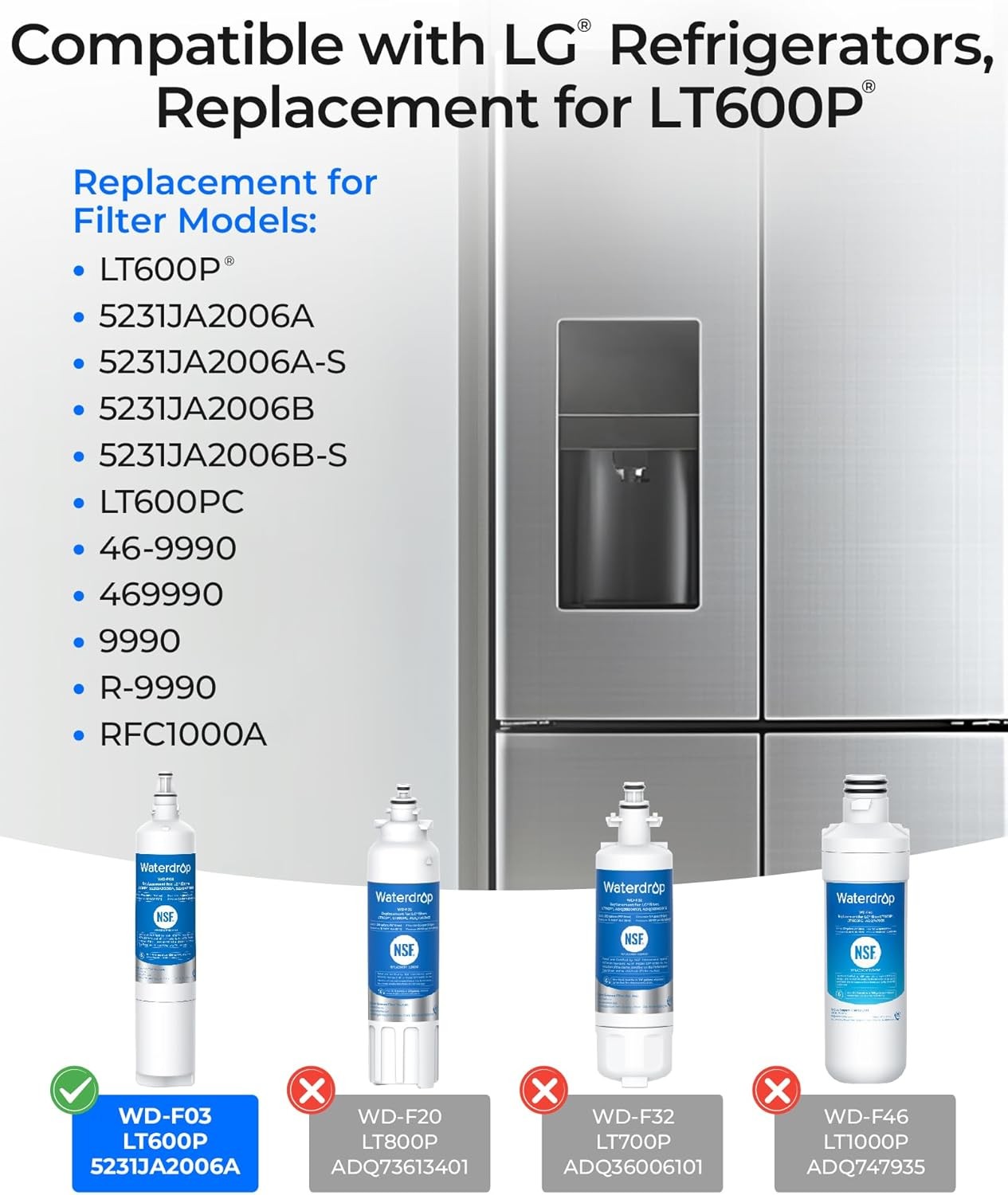 Waterdrop Water Filter Replacement for LG® LT600P®, KENMORE® 9990, 1-6 PACK