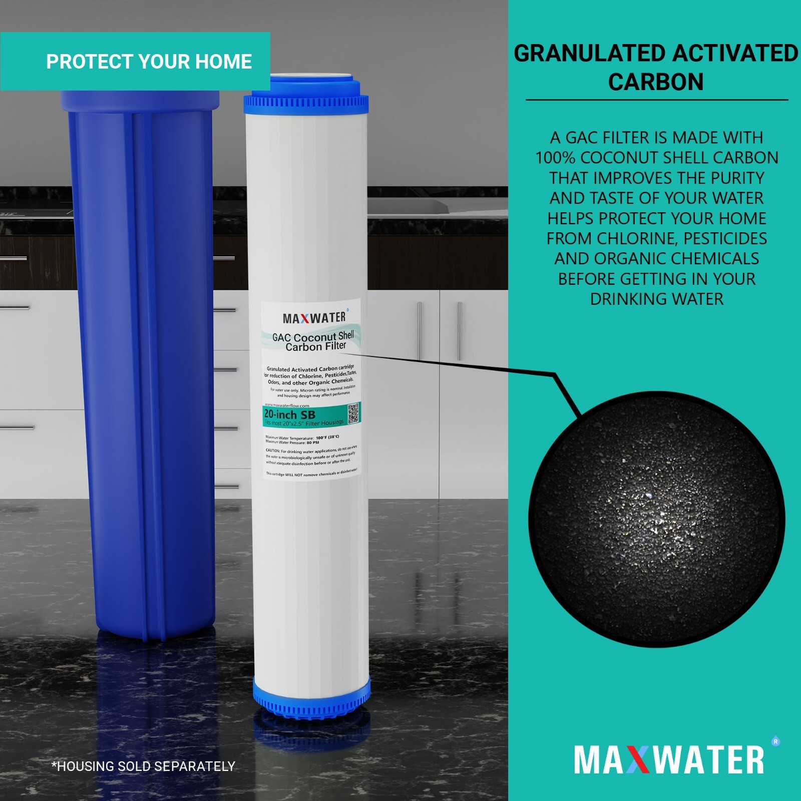 Max Water Whole House GAC UDF GAC Coconut Shell Carbon Filter, 20″x2.5″