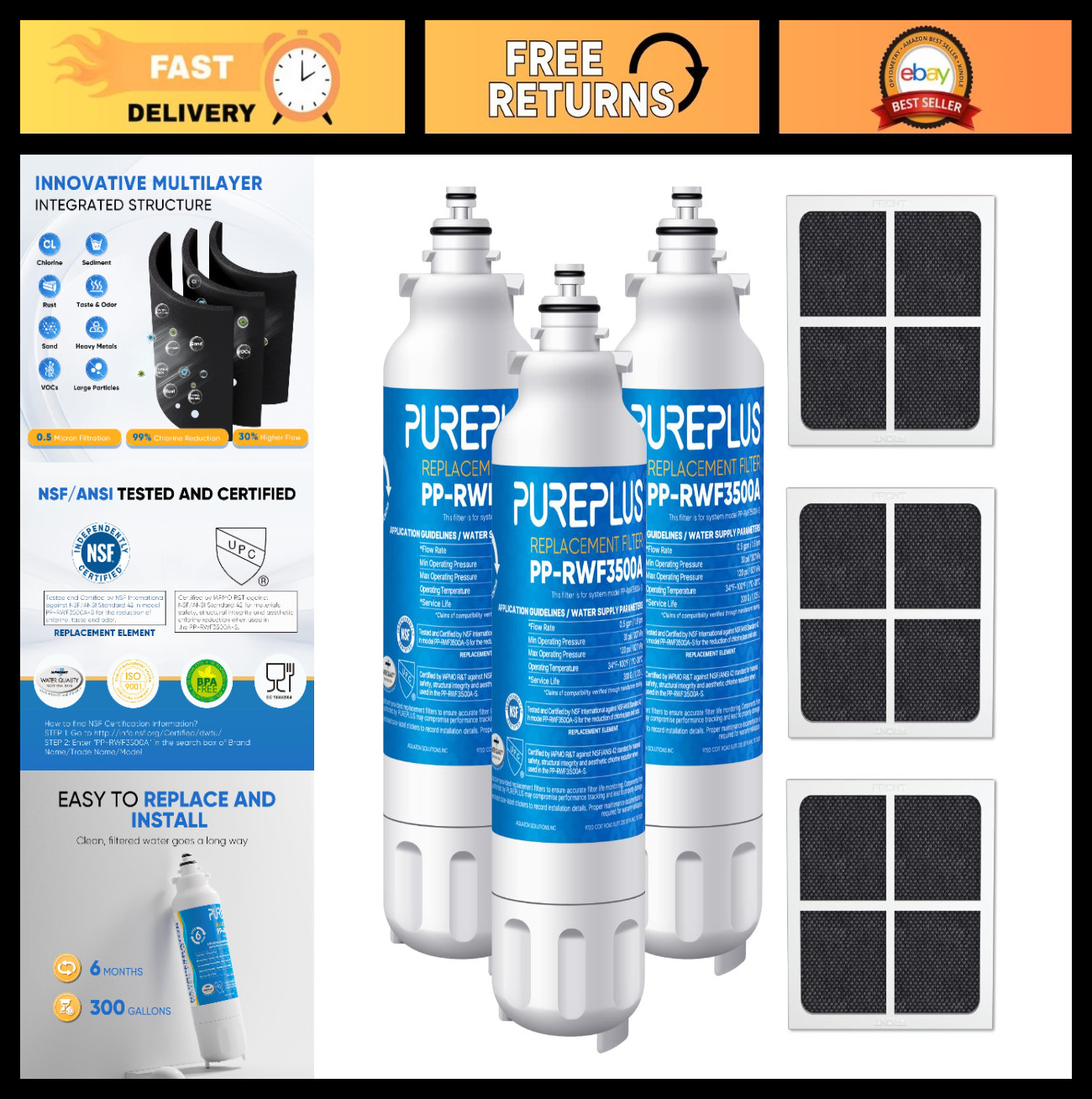 Refrigerator Water Filter & Air Filter Combo, Compatible with LG LT800P, ADQ7361