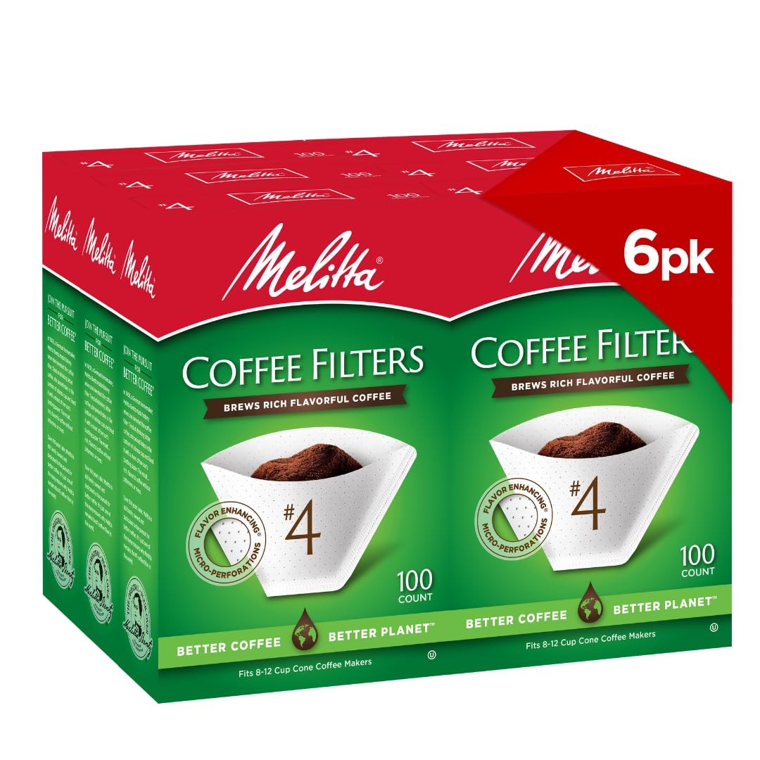 Melitta #4 Cone Coffee Filters, White, 100 Count (Pack Of 6), 6-Pack, White