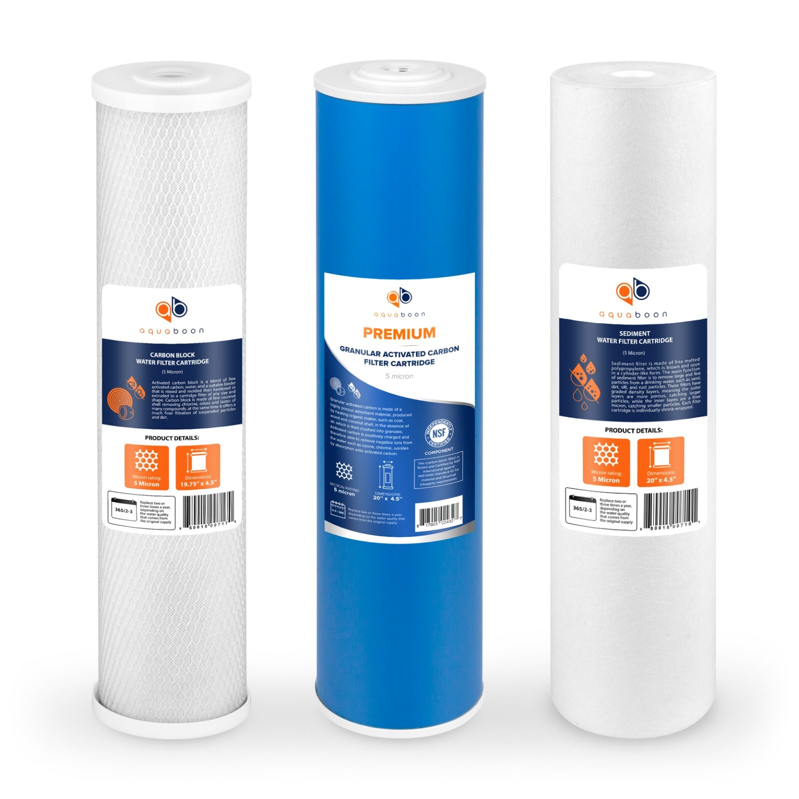 Aquaboon 5 Micron Big Blue 20″ x 4.5″ GAC, Carbon Block & Sediment Filters