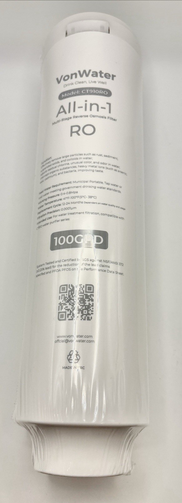 VonWater RO All-in-1 Filter CT910RO Replacement 100GPD NEWIn Sealed Plastic