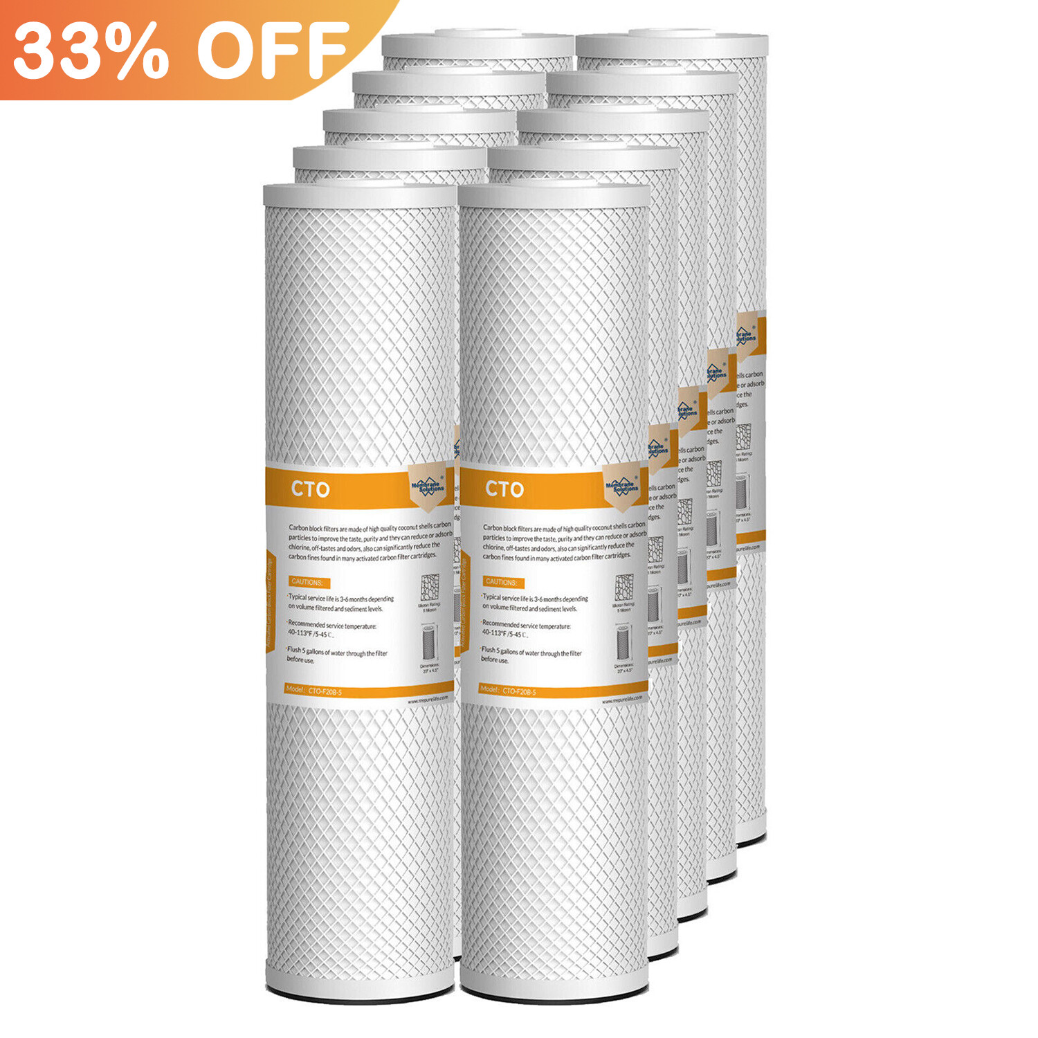 10 Pack 20″x4.5″ Whole House CTO Carbon Block Water Filter for Big Blue Housings
