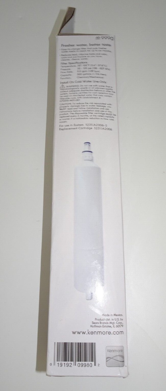 Kenmore 9990 Refrigerator Water Filter, 1 Count (Pack of 1), White
