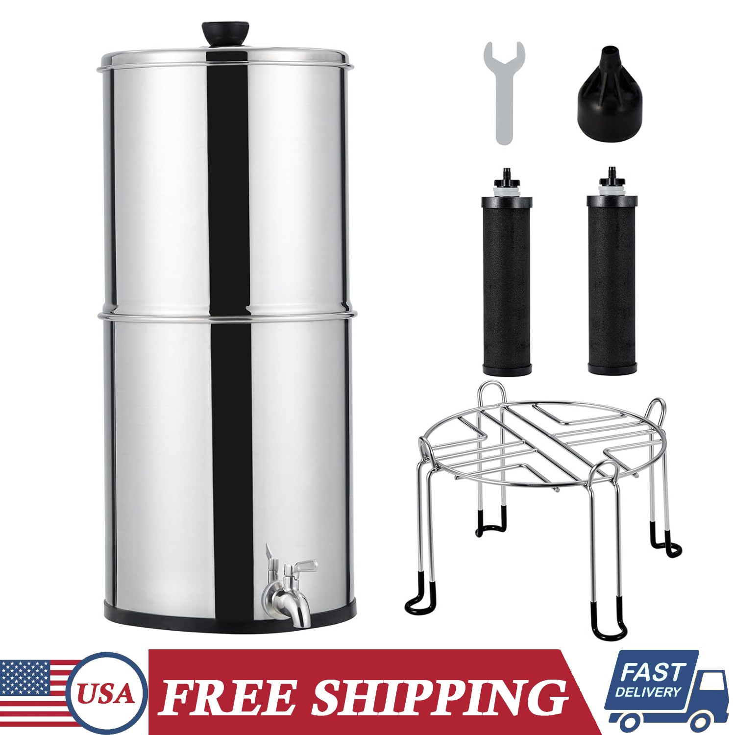 2.25 Gallon Countertop Gravity-fed Water Filter System Stainless Steel 2 Filters
