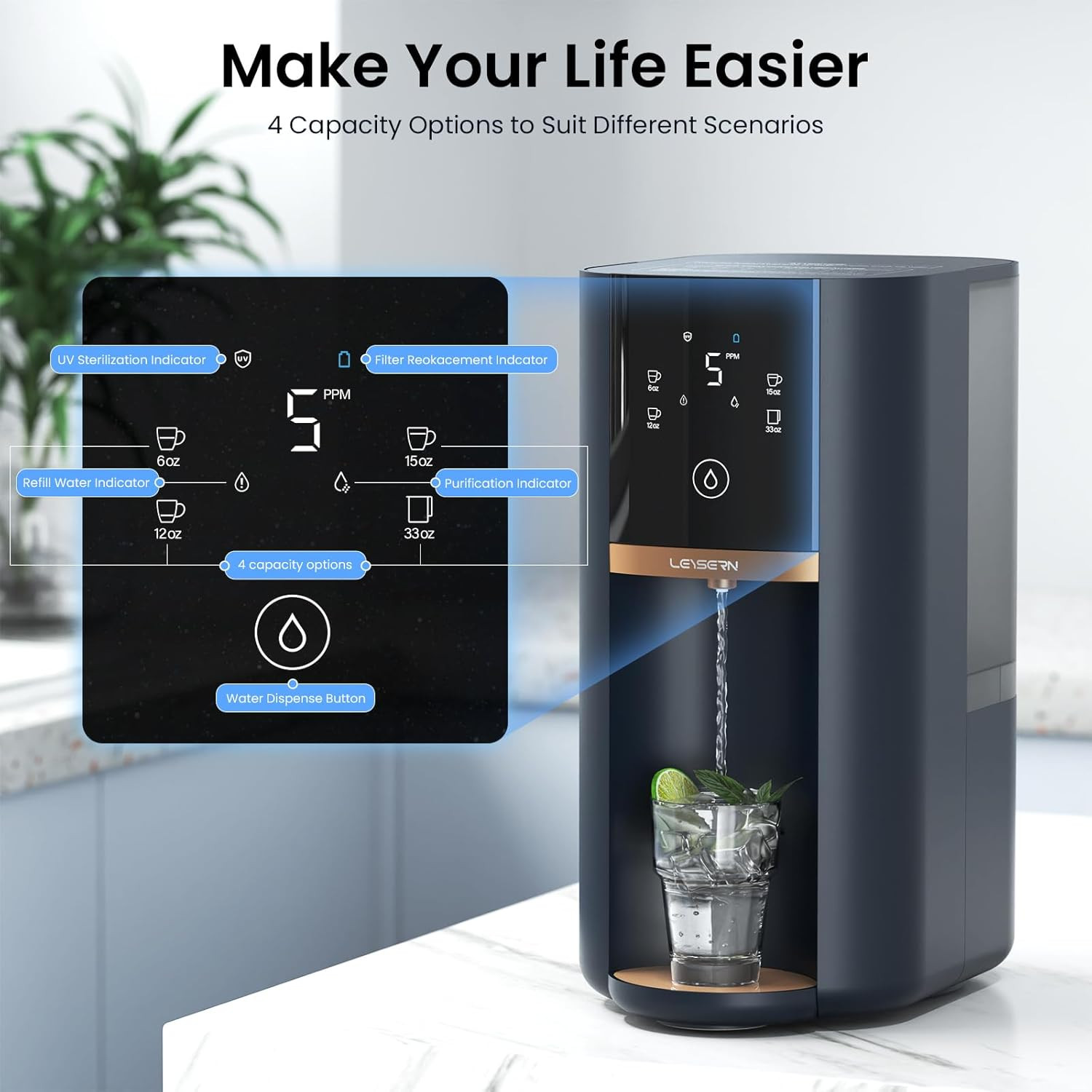 5-Stage Countertop Reverse Osmosis Water Filter with UV & 360° Swivel Base