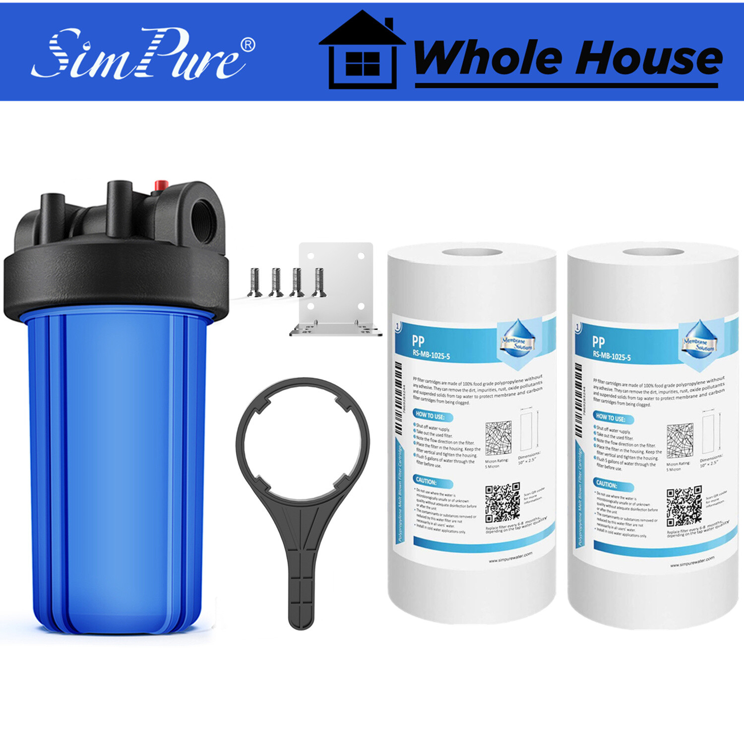 10″ x4.5″ Big Blue Whole House System Housing w/ 2 Pack Sediment Water Filter