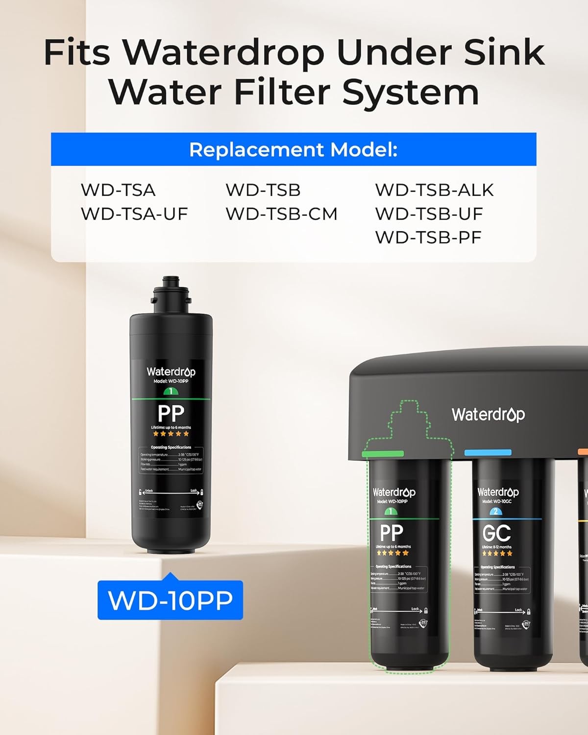 Waterdrop WD-10PP Under Sink Water Filter, Replacement TSA & TSB 3-Stage Under S