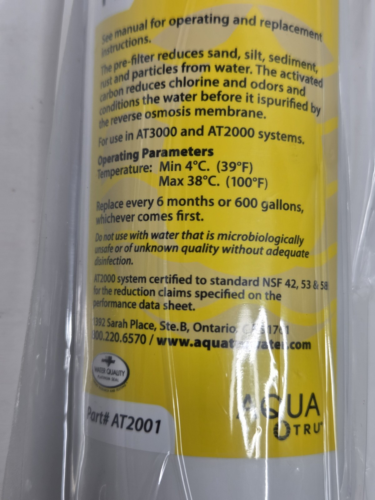 AquaTru Pre-Carbon Stages 1-2 Yellow Label New Sealed Pack Of 2