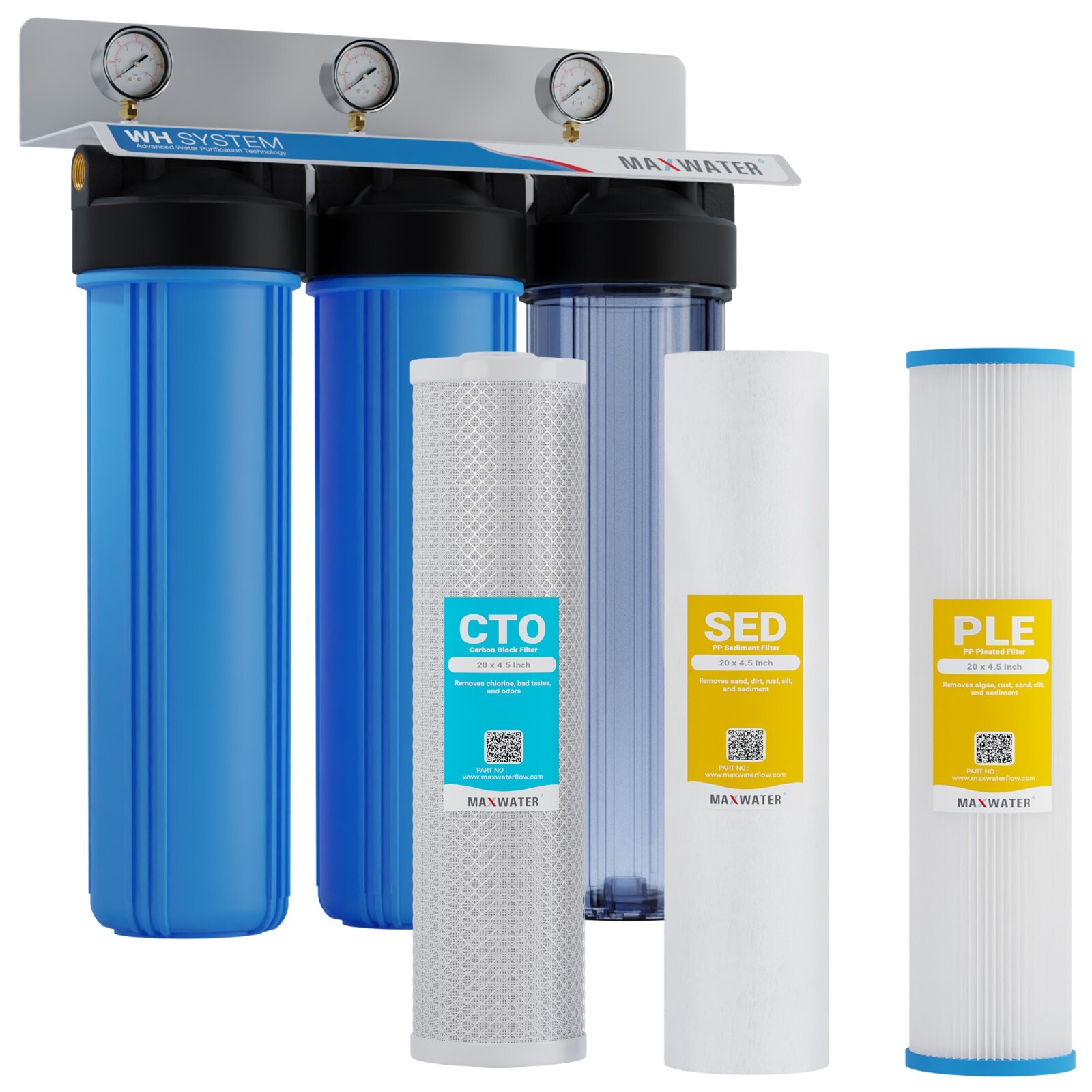 Max Water 3 Stage Big Blue 1″ Port Whole House Water Filter + Pressure Gauge