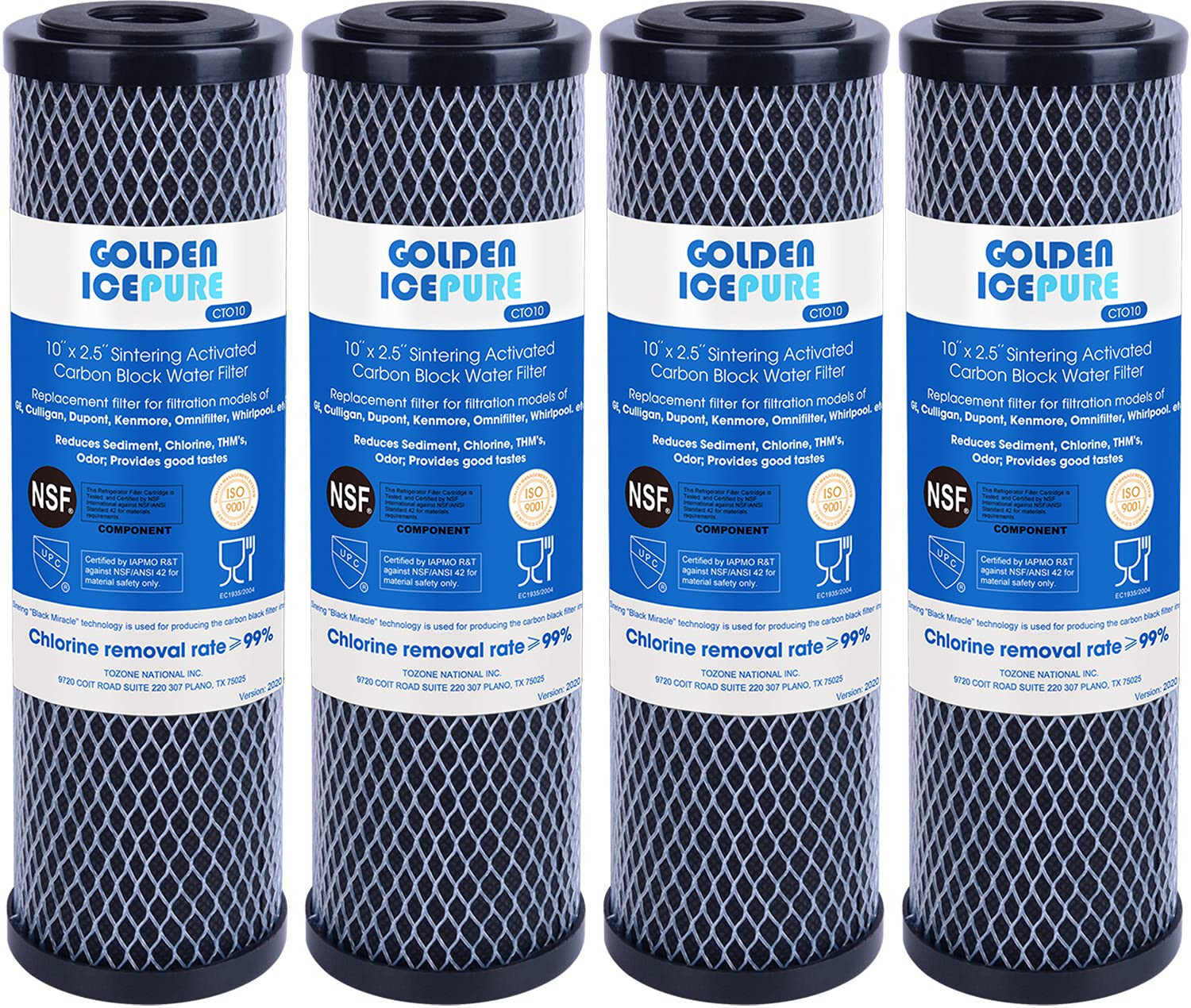 2.5″ x 10″ Whole House CTO Carbon Sediment Water Filter, GOLDEN ICEPURE, 4PACK