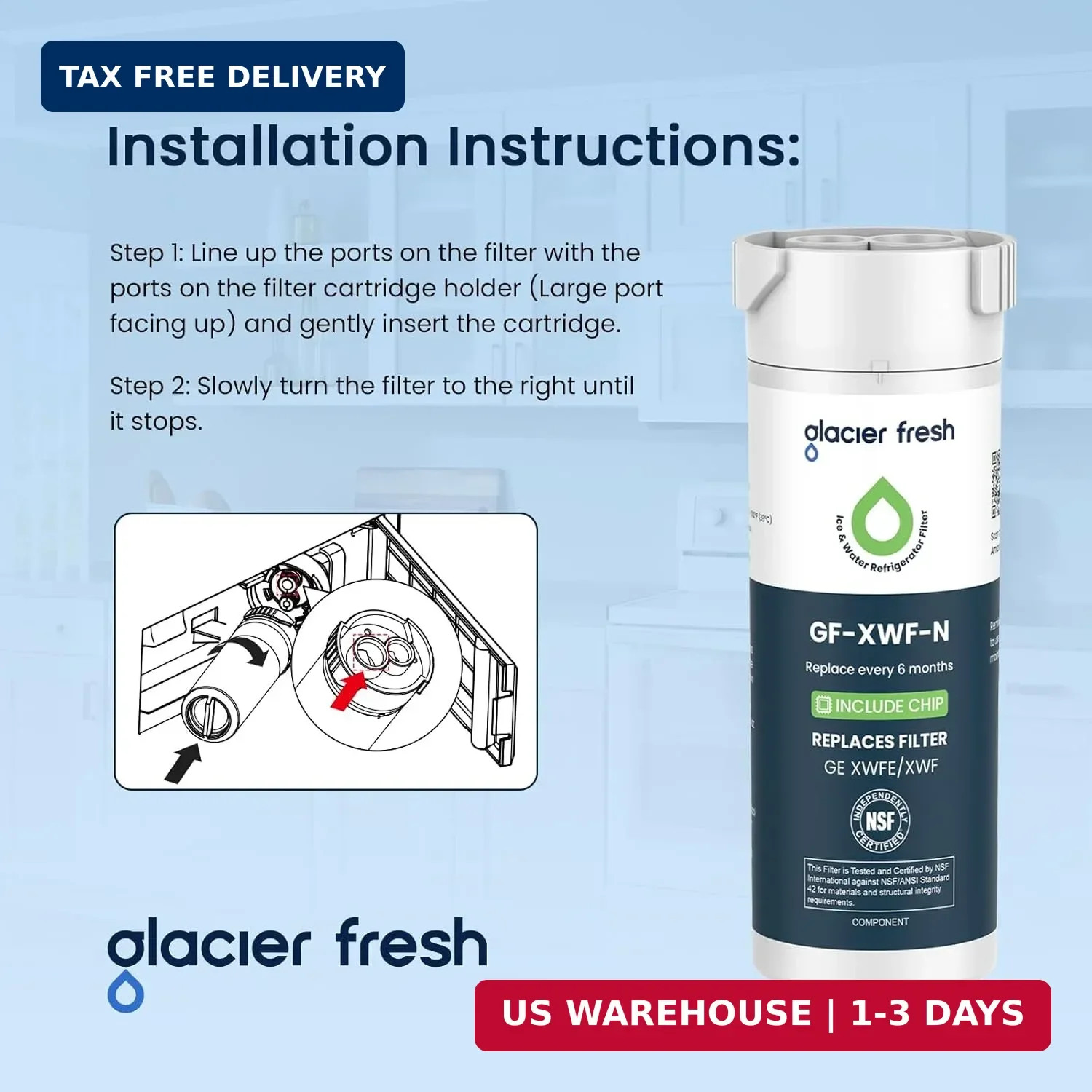 GLACIER FRESH Water Filter Compatible with XWFE (Built-in CHIP), Replacement for