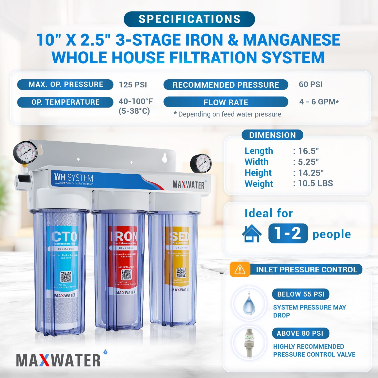Max Water 3 Stages 10″x 2.5″ 3/4″ Port Whole House Iron Manganese Water Filter