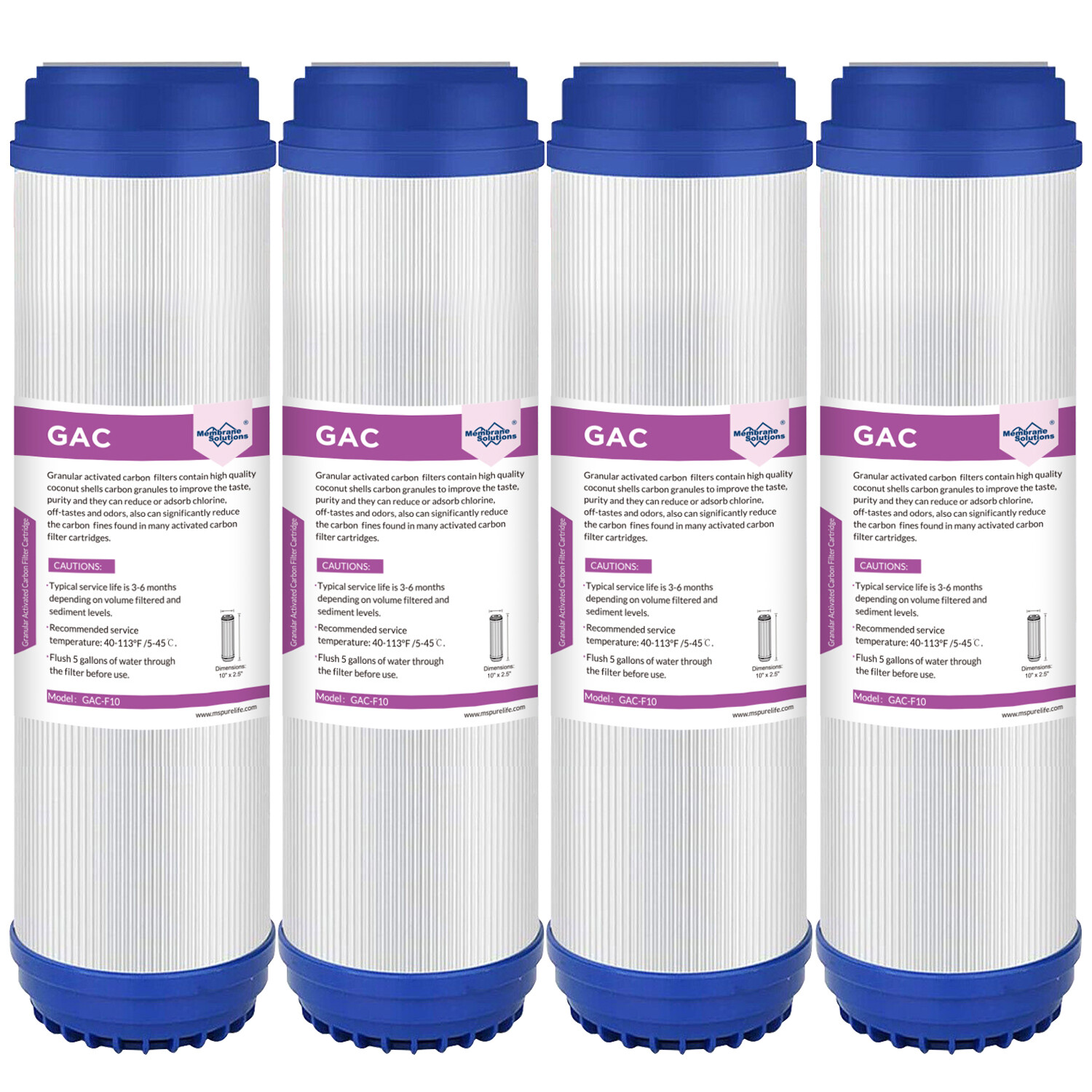 4 Pack 5μm 10×2.5″ Granular Activated Carbon Water Filter GAC Sediment Cartridge