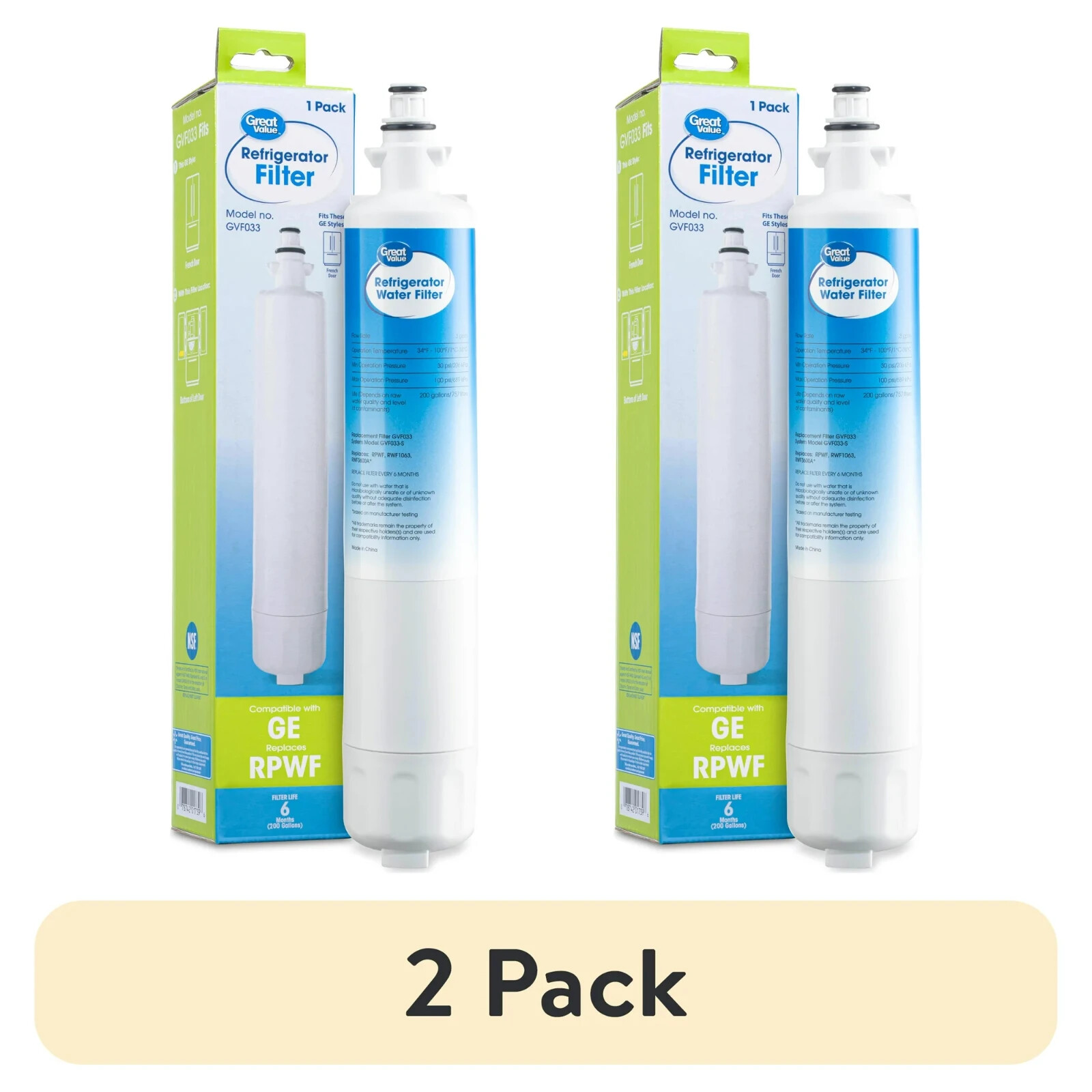 2 Great Value Refrigerator Water Filter Replaces GE Model RPWF, New