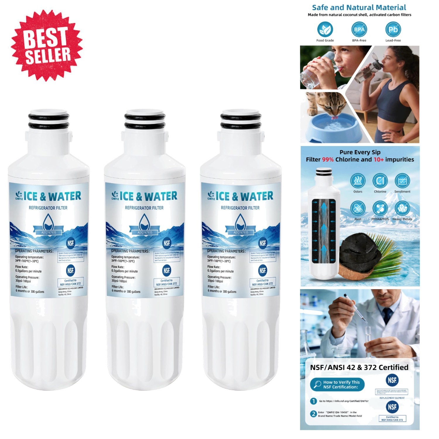 Water Filter for LG LT1000P – 3 Count, Easy Installation, 6 Life