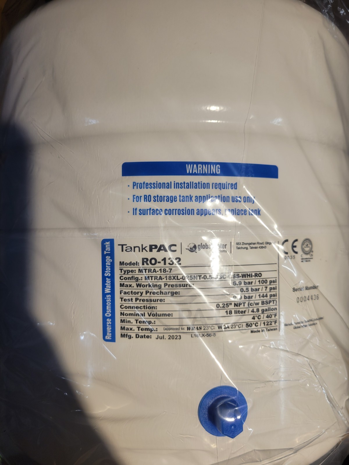 Reverse Osmosis RO Water Storage Tank 4.5 Gallons 1/4″ Connection – Pressurized
