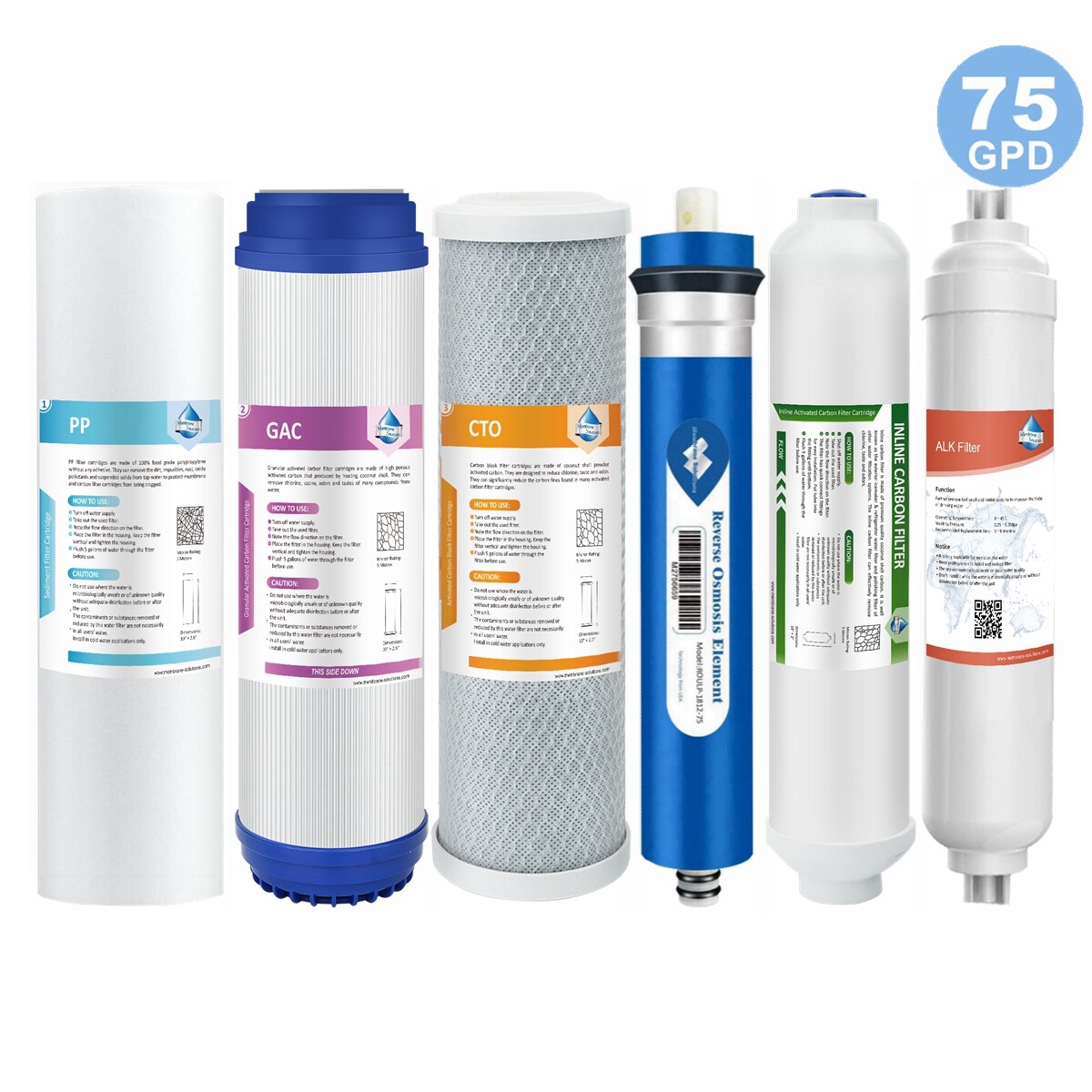 6 Stage Reverse Osmosis 75G RO Membrane PP GAC CTO T33 PH Alkaline Water Filters