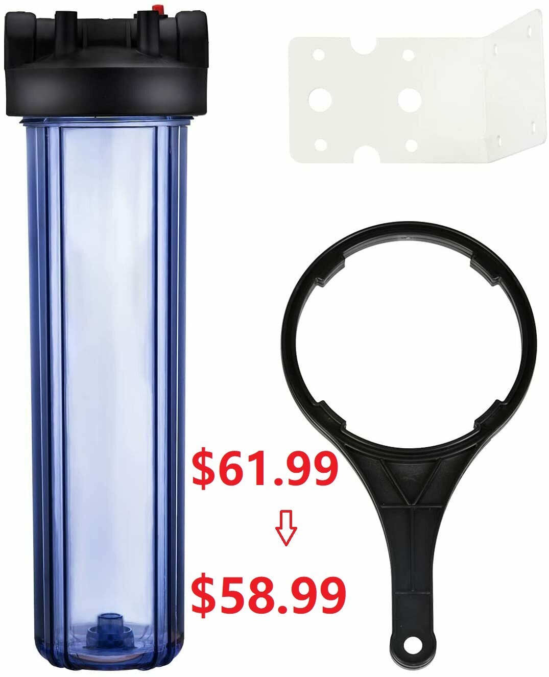 Geekpure 20″ Whole House Clear Water Filter Housing- Wrench Bracket-3/4″ Used