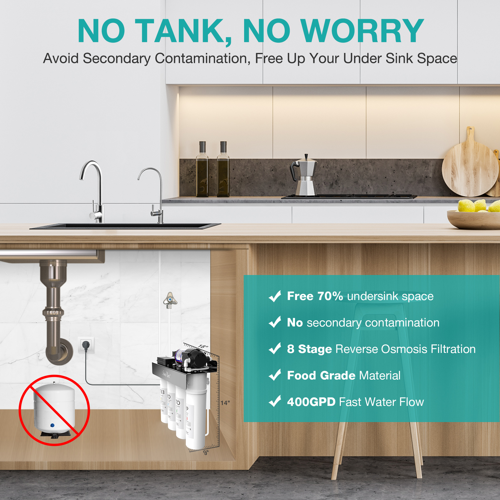 SimPure WP2-400 GPD UV Reverse Osmosis Tankless RO Water Filter System Purifier