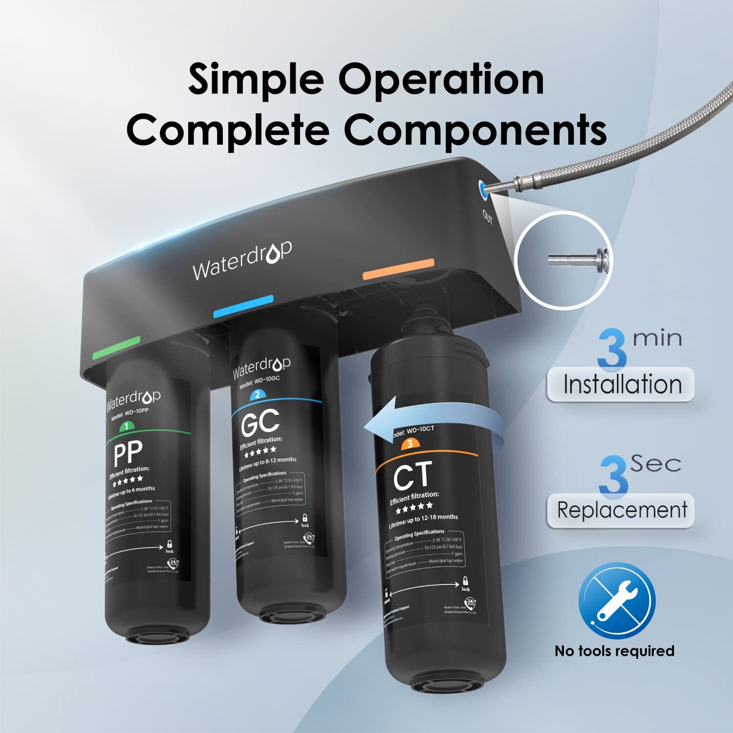 Waterdrop TSB 3-Stage Under Sink Water Filter System with Fauct, Extra 10CT