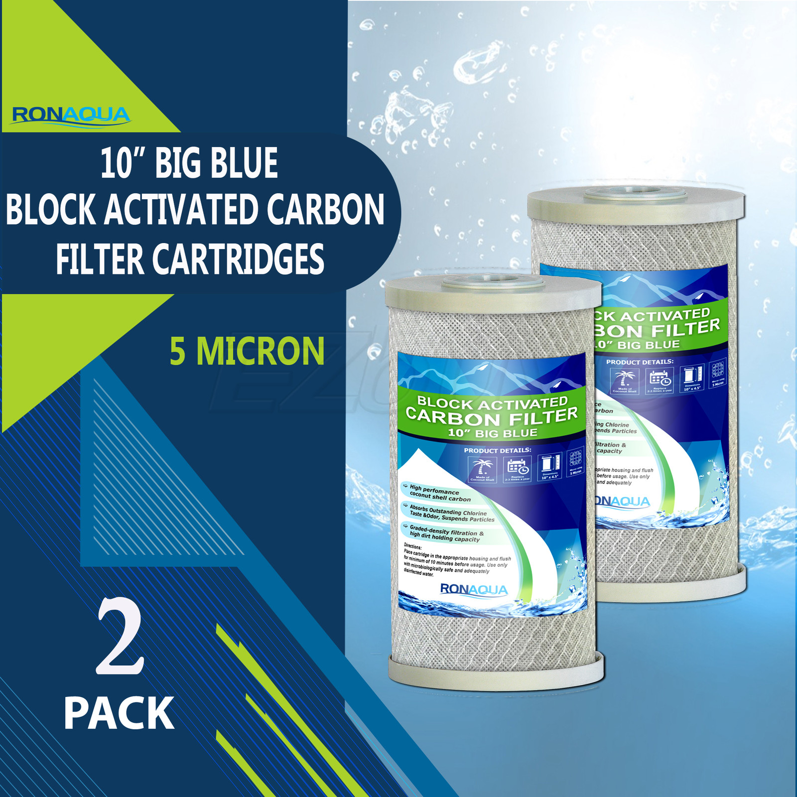 2 pcs Big Blue CTO Carbon Block Water Filters 4.5″ x 10″ Whole House Cartridges