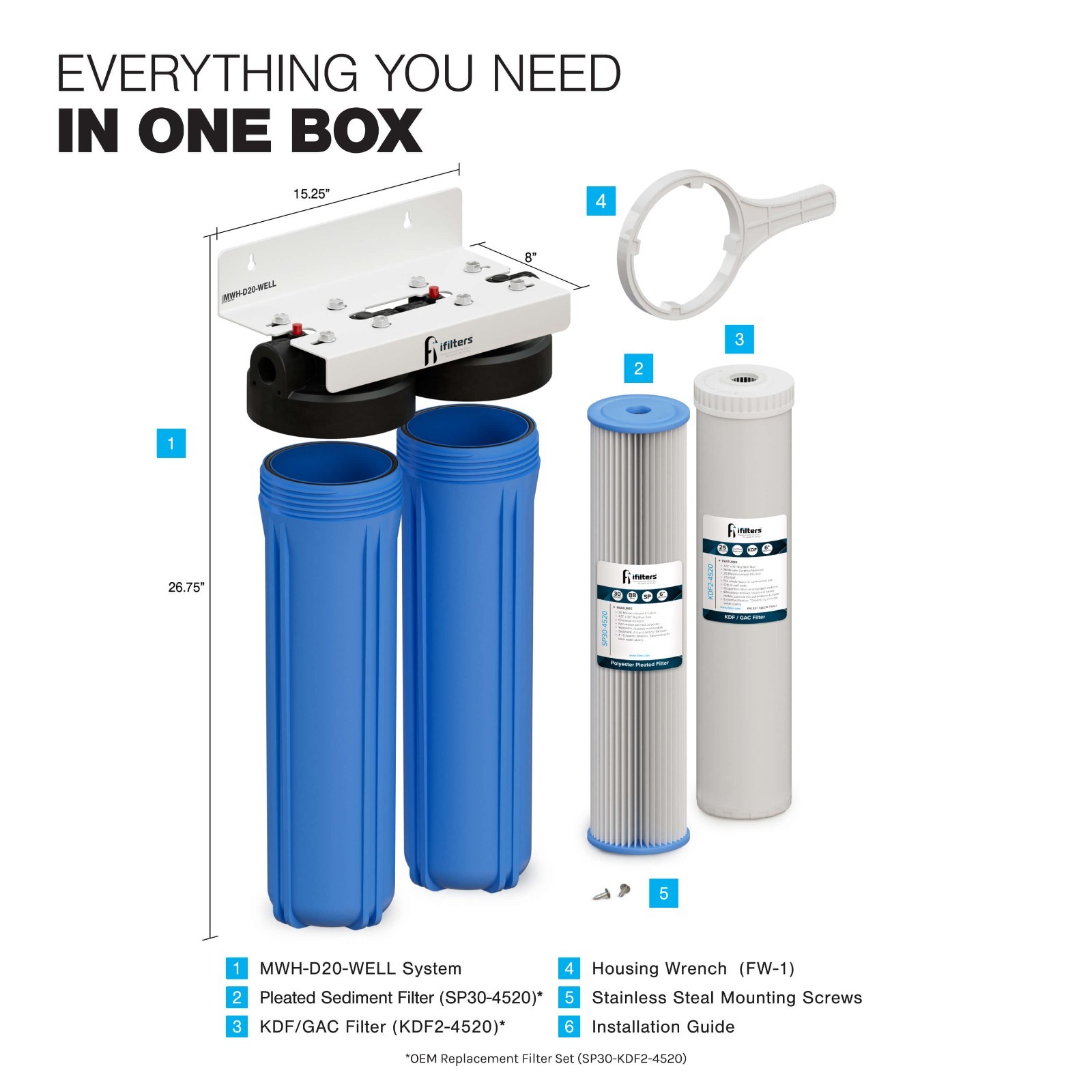 Well Water Dual Filtration System Sediment Odor Taste Rust 20″, 1″ Ports