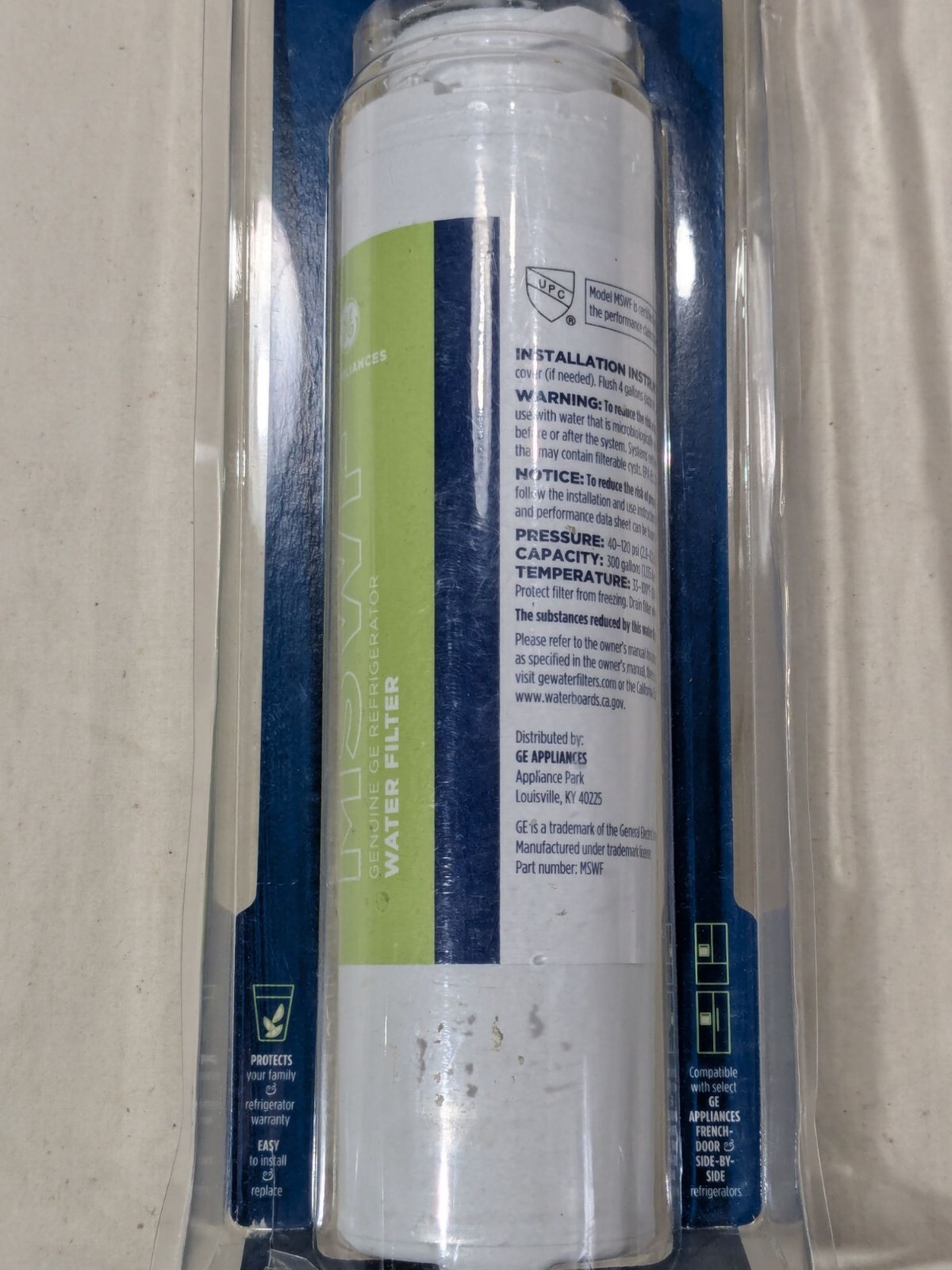 GE MSWF SmartWater Refrigerator Replacement Filter Removes 99% Lead & Impurities