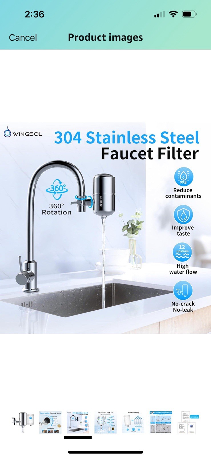 Stainless Steel Water Filter for Sink Faucet, NSF/ANSI 42&53, 360° Rotating
