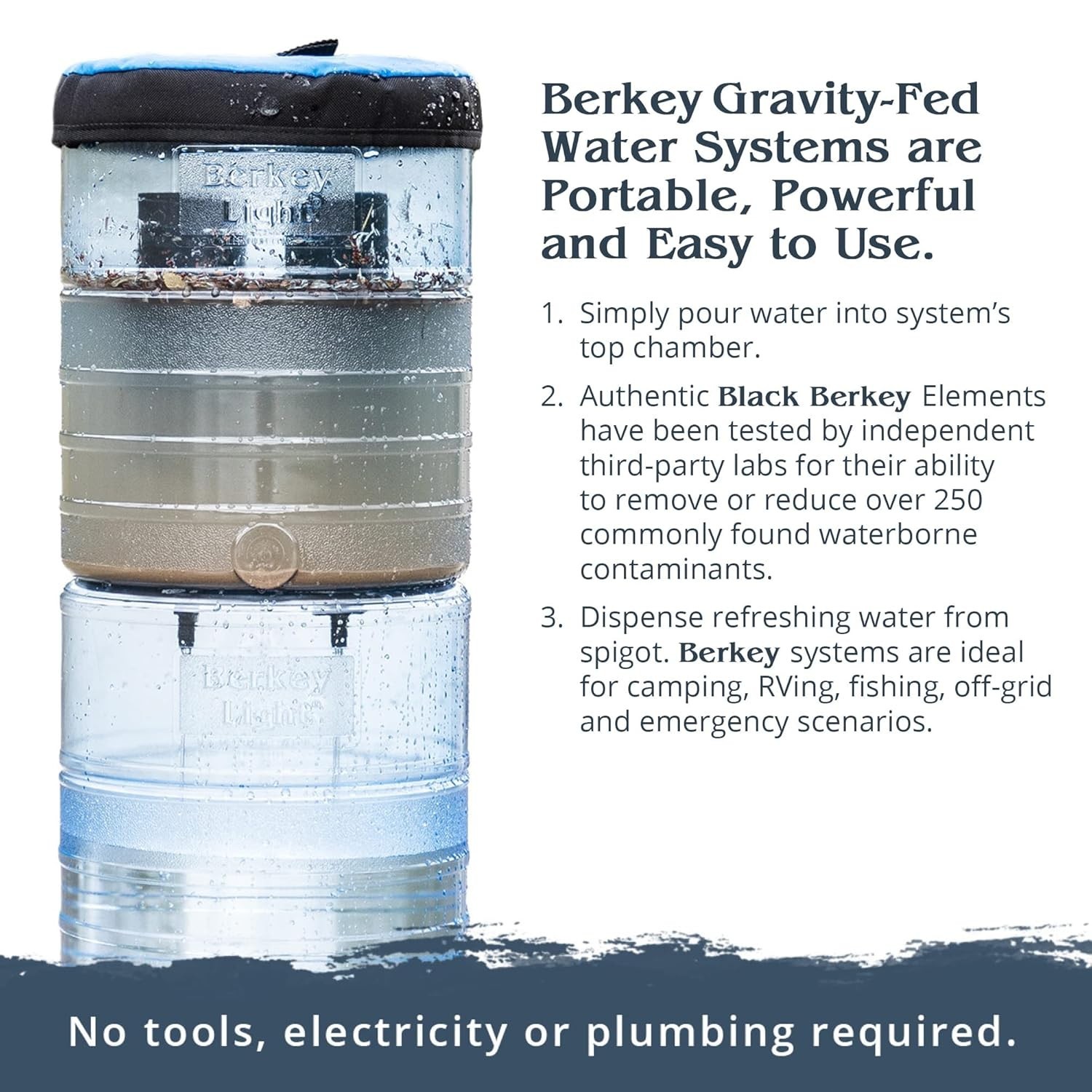 Gravity-Fed Water Filter System with 2 Black Berkey Elements Plus Deluxe 7″ Stai