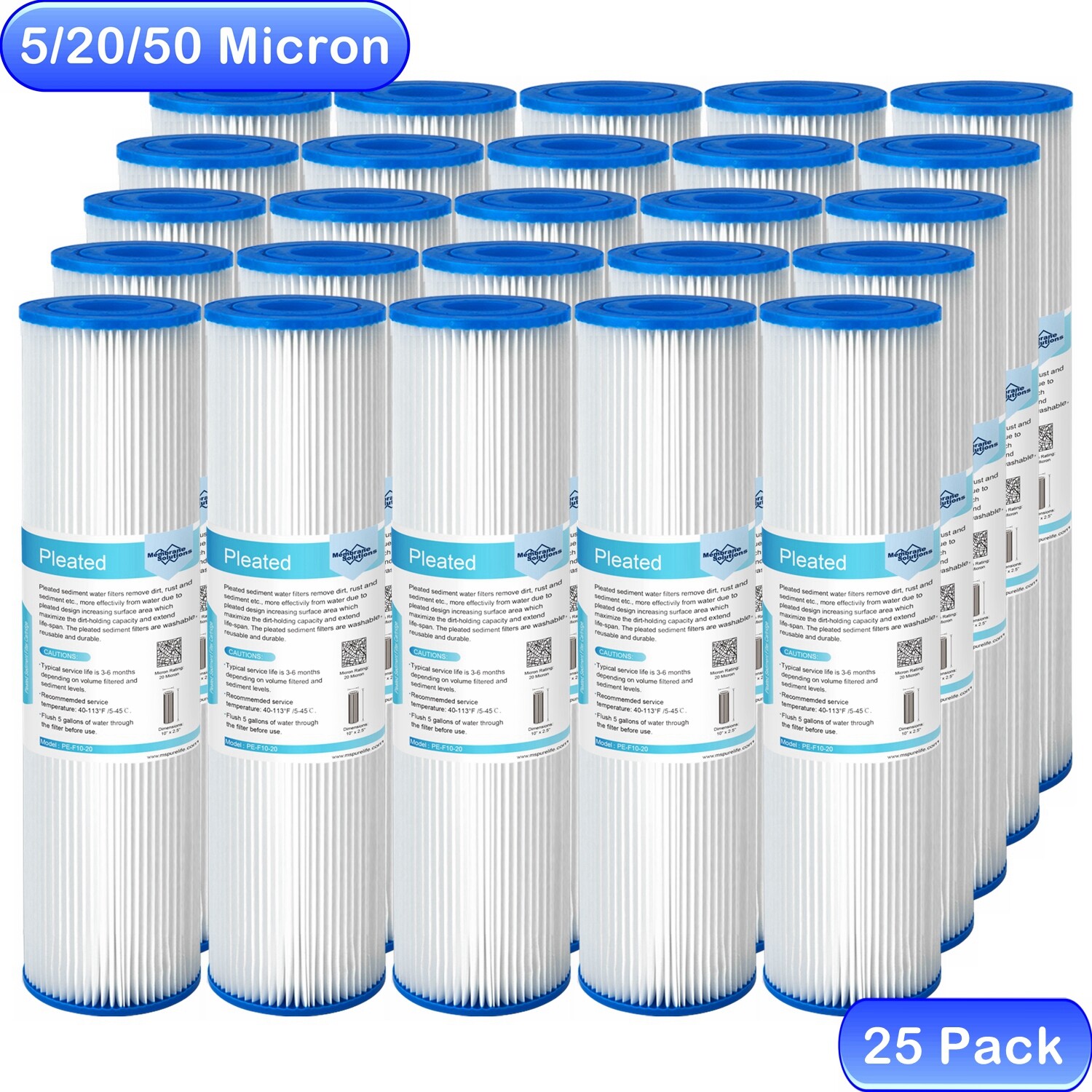 10″x2.5″ Whole House Well Water Washable Pleated Sediment Filter 5/20/50 Micron
