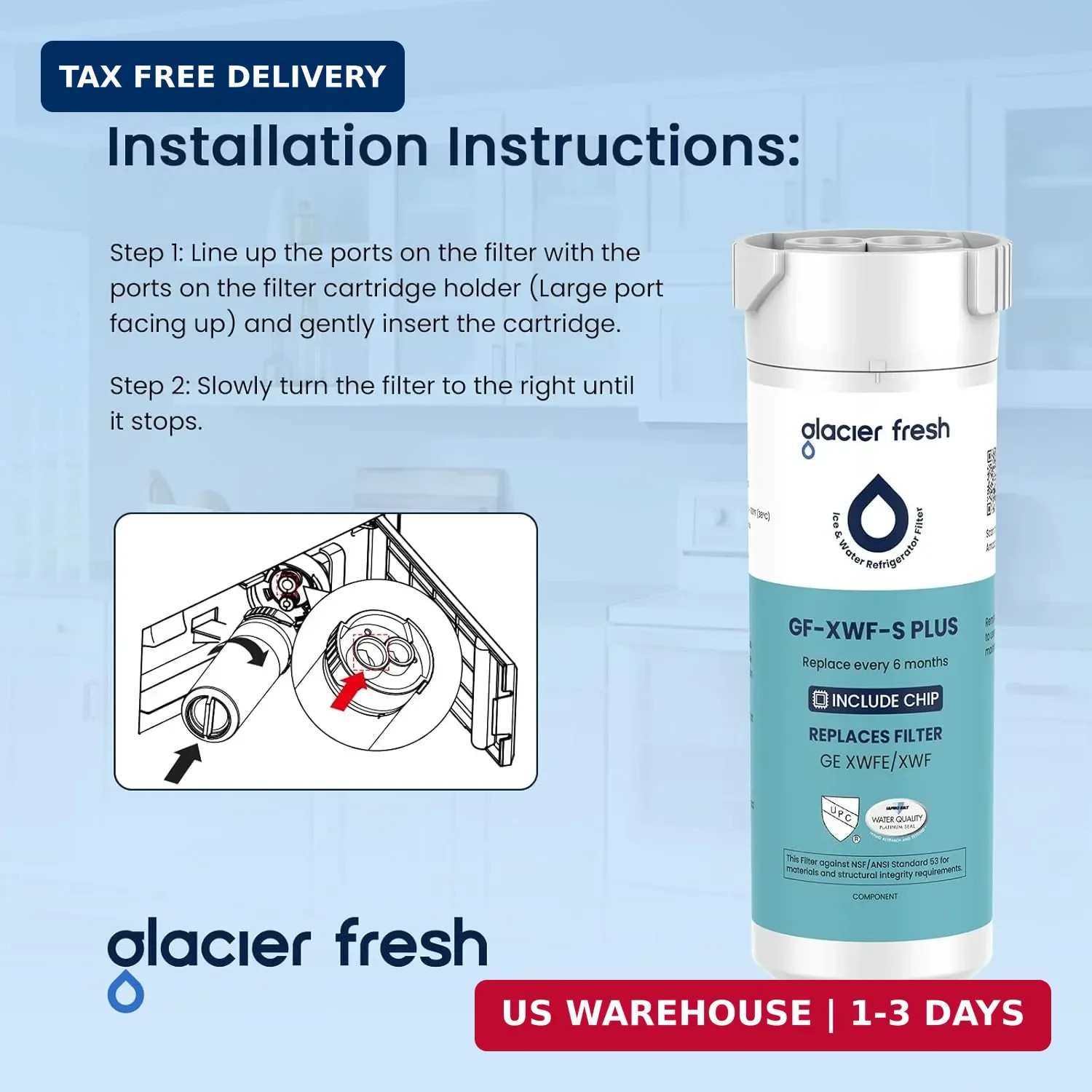 GLACIER FRESH Water Filter Compatible with XWFE (Built-in CHIP), Replacement for