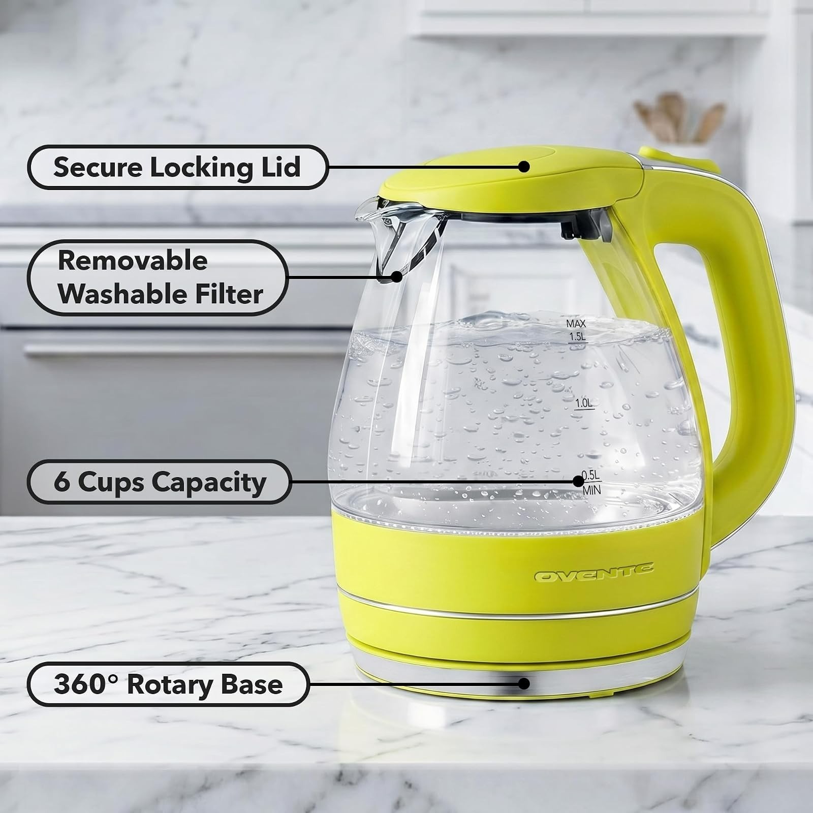 OVENTE 1.5L Glass Electric Kettle, Fast Boiling, BPA-Free, Auto Shut-Off