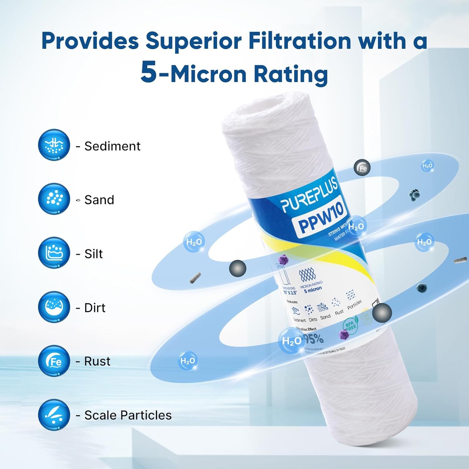PUREPLUS 5 Micron 10″x2.5″ Whole House String Wound Sediment Filter for Well Wat