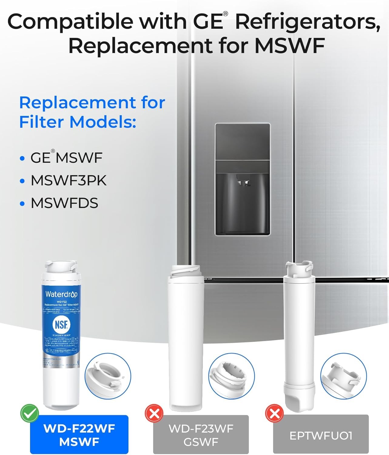Waterdrop MSWF Refrigerator Water Filter,Replacement for GE® MSWF,3 Packs