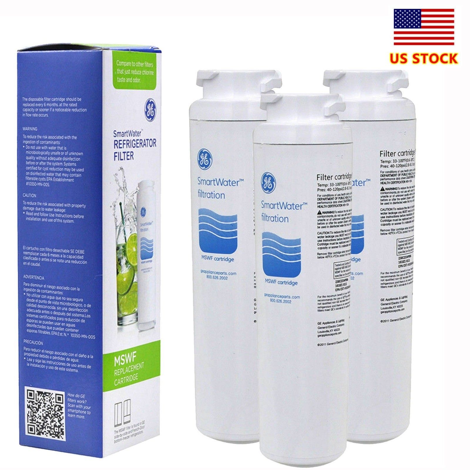 GE MSWF refrigerator water filter replacement SmartWater filter new – 3PACK